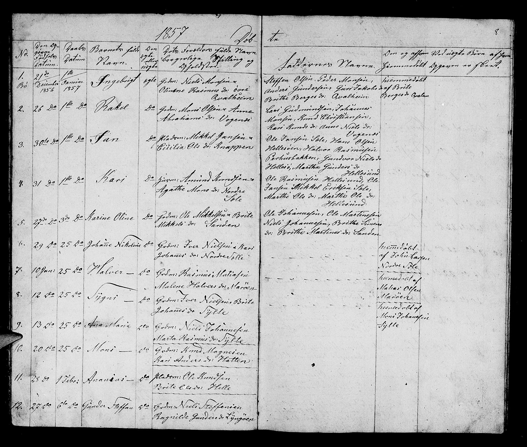 Manger sokneprestembete, SAB/A-76801/H/Hab: Parish register (copy) no. B 1, 1856-1881, p. 8