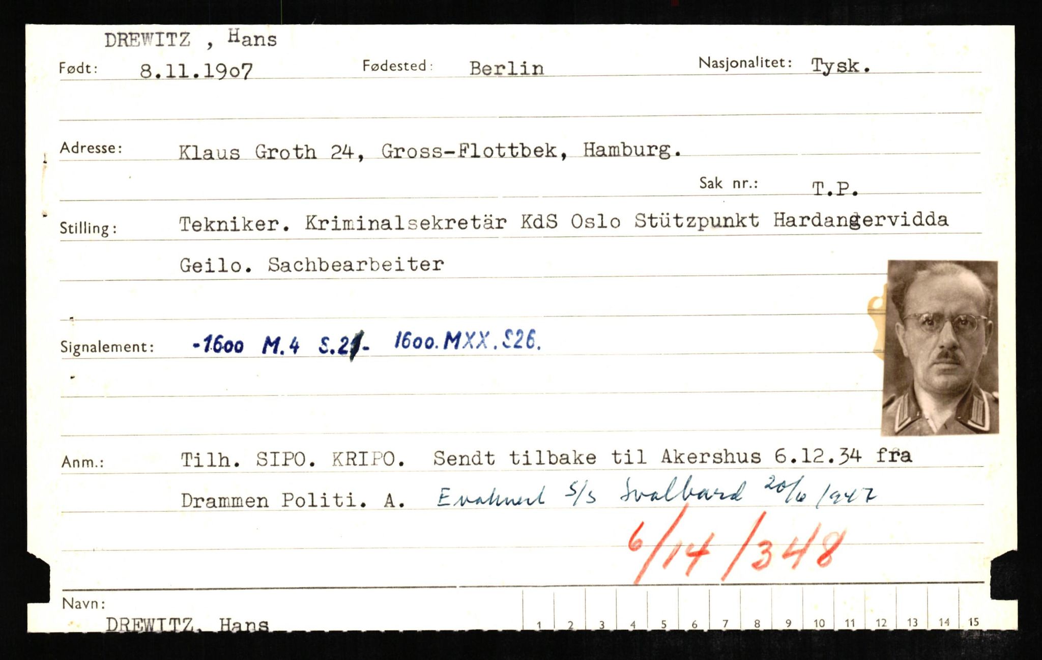 Forsvaret, Forsvarets overkommando II, AV/RA-RAFA-3915/D/Db/L0006: CI Questionaires. Tyske okkupasjonsstyrker i Norge. Tyskere., 1945-1946, p. 238