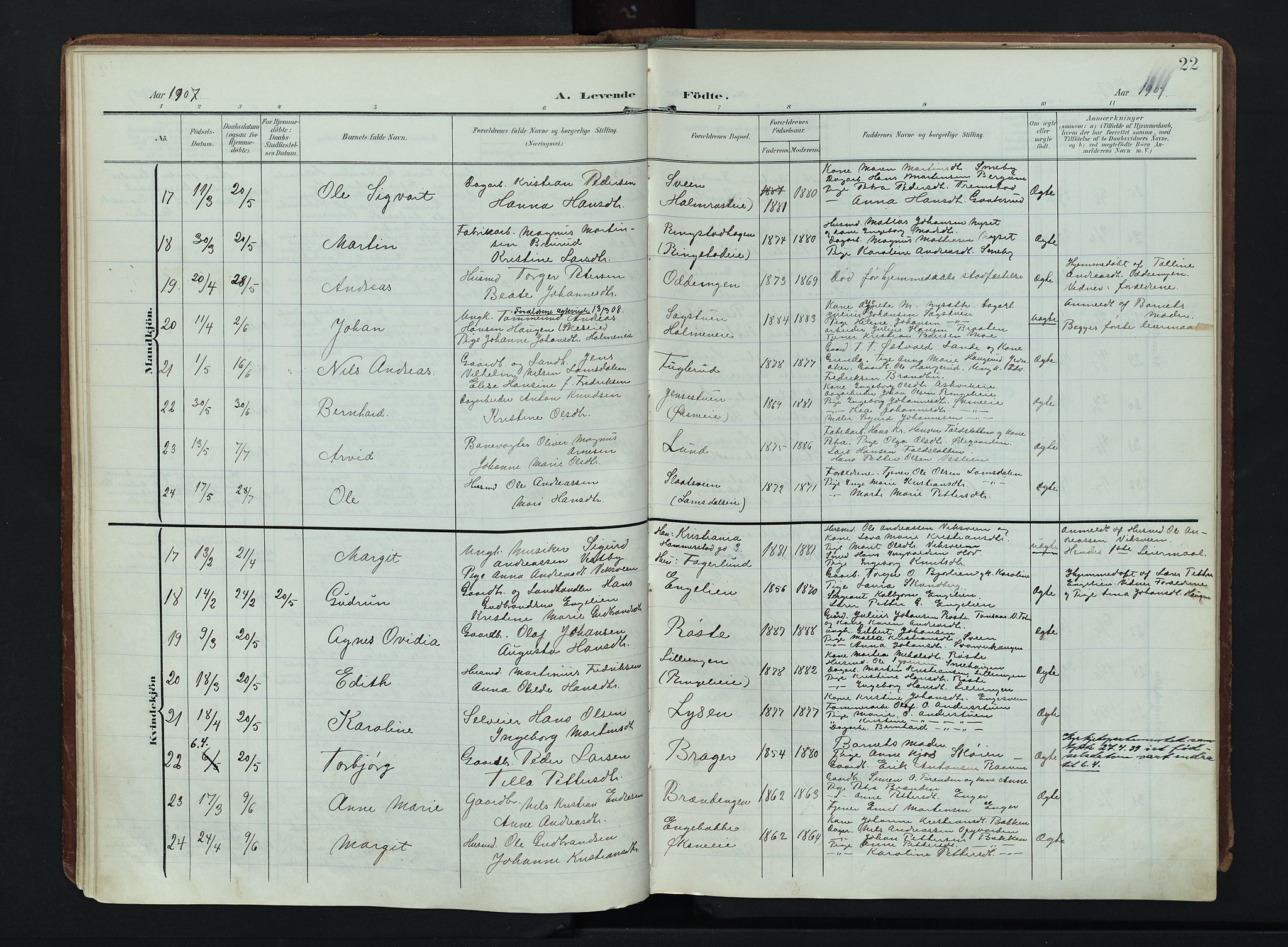 Søndre Land prestekontor, AV/SAH-PREST-122/K/L0007: Parish register (official) no. 7, 1905-1914, p. 22