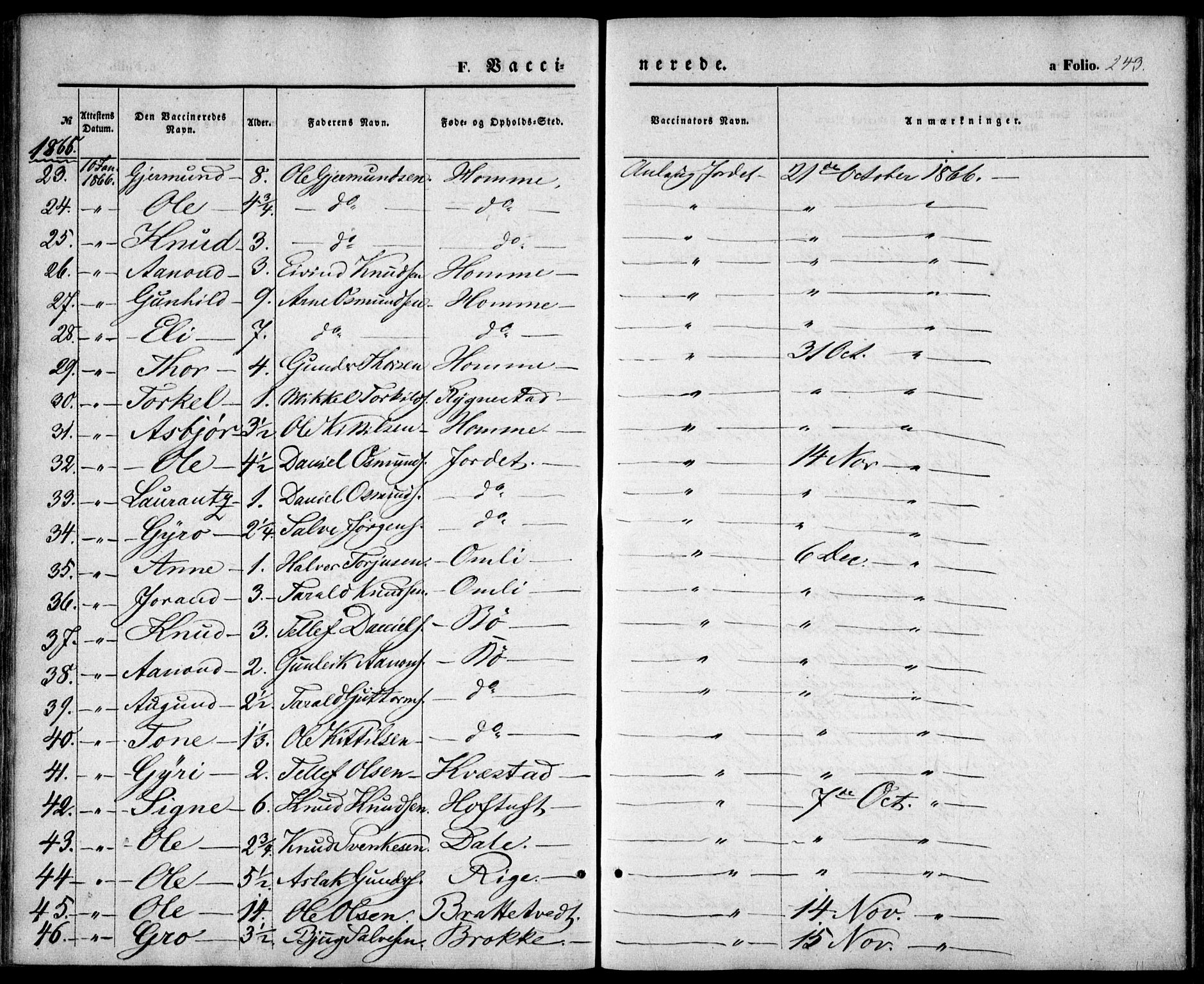 Valle sokneprestkontor, SAK/1111-0044/F/Fa/Fac/L0007: Parish register (official) no. A 7, 1854-1868, p. 243