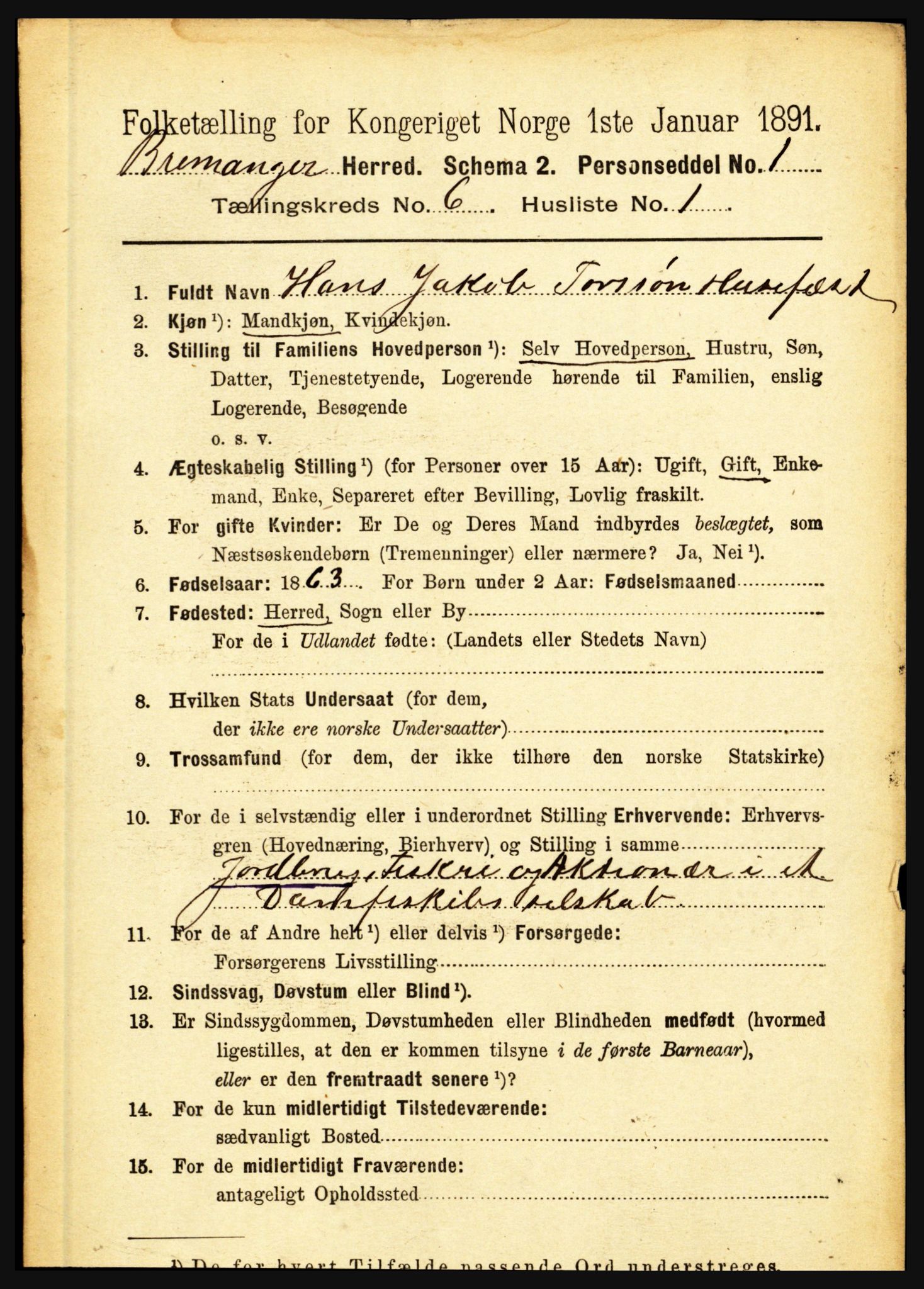 RA, 1891 census for 1438 Bremanger, 1891, p. 2365