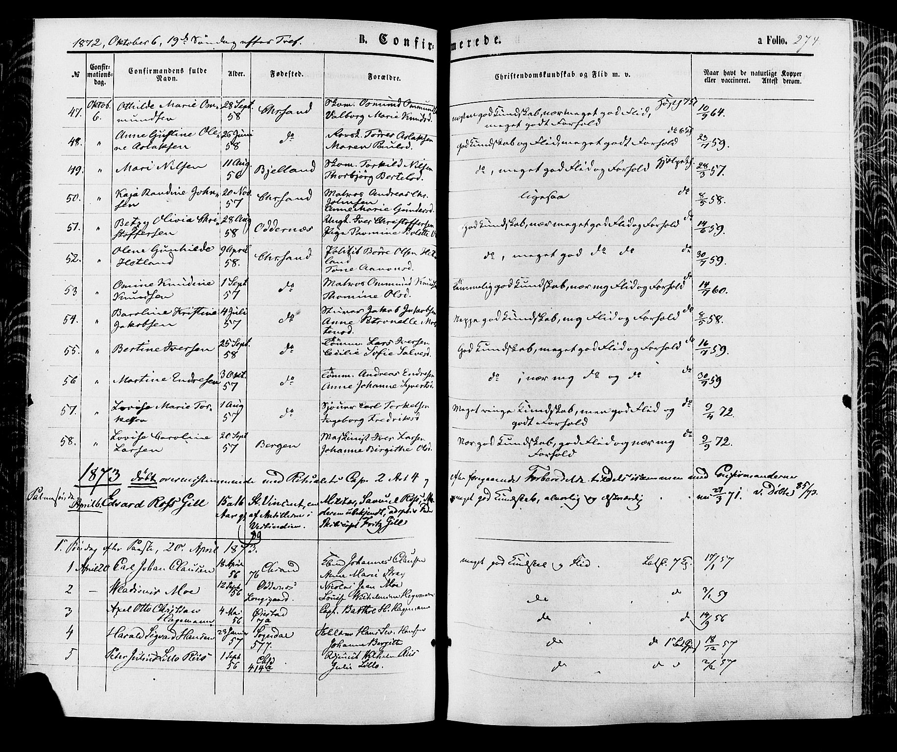 Kristiansand domprosti, SAK/1112-0006/F/Fa/L0015: Parish register (official) no. A 15, 1867-1880, p. 274