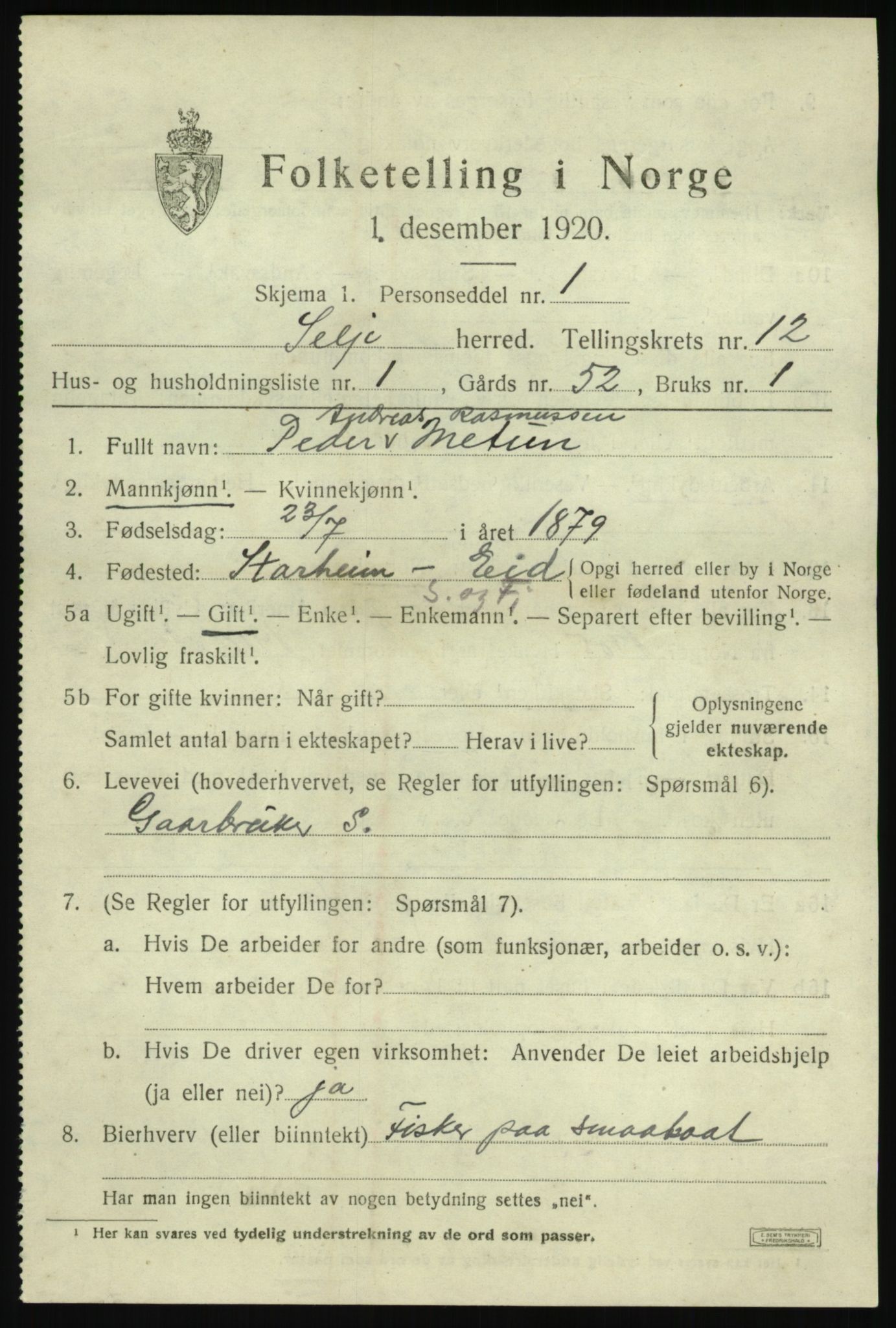 SAB, 1920 census for Selje, 1920, p. 5131