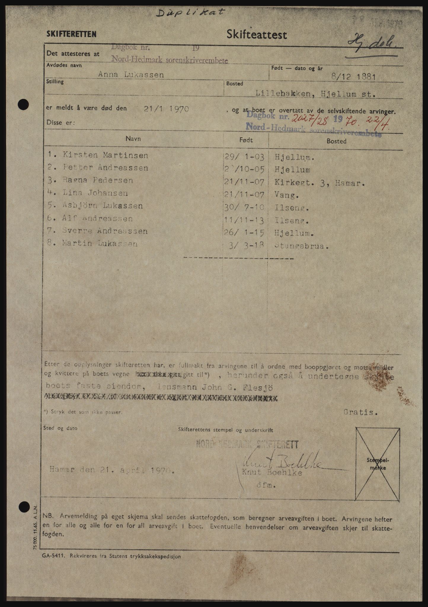 Nord-Hedmark sorenskriveri, SAH/TING-012/H/Hc/L0033: Mortgage book no. 33, 1970-1970, Diary no: : 2027/1970