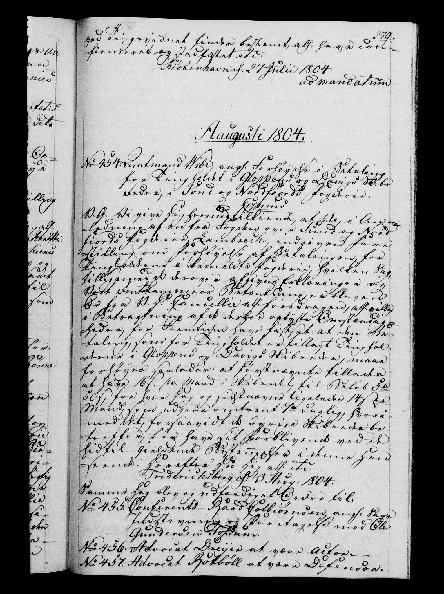 Danske Kanselli 1800-1814, RA/EA-3024/H/Hf/Hfb/Hfba/L0002: Registranter, 1802-1804, p. 279a