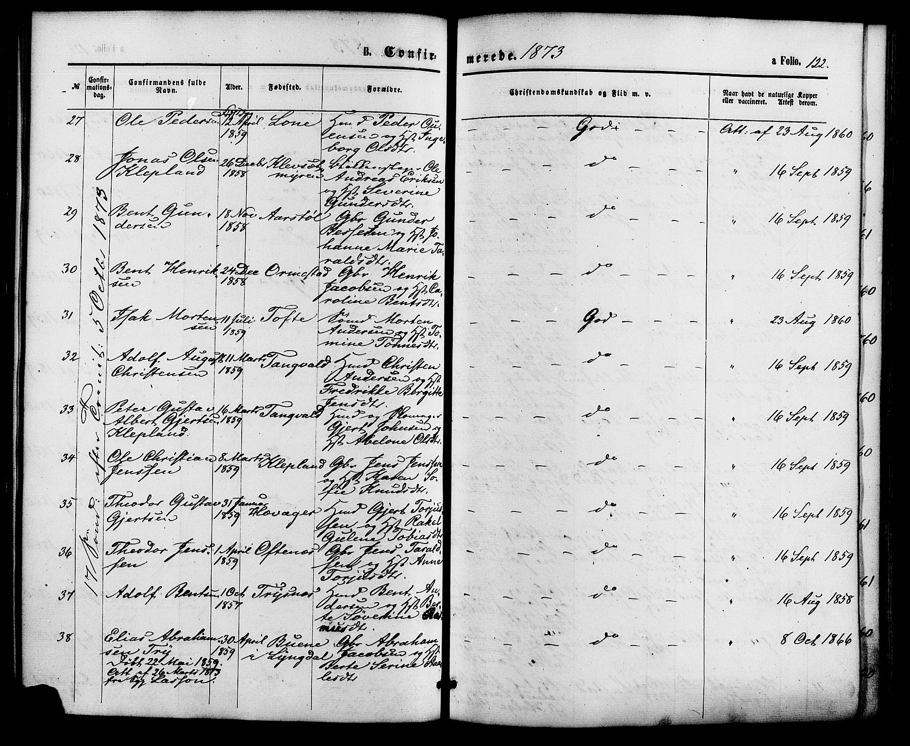 Søgne sokneprestkontor, SAK/1111-0037/F/Fa/Fab/L0011: Parish register (official) no. A 11, 1869-1879, p. 122