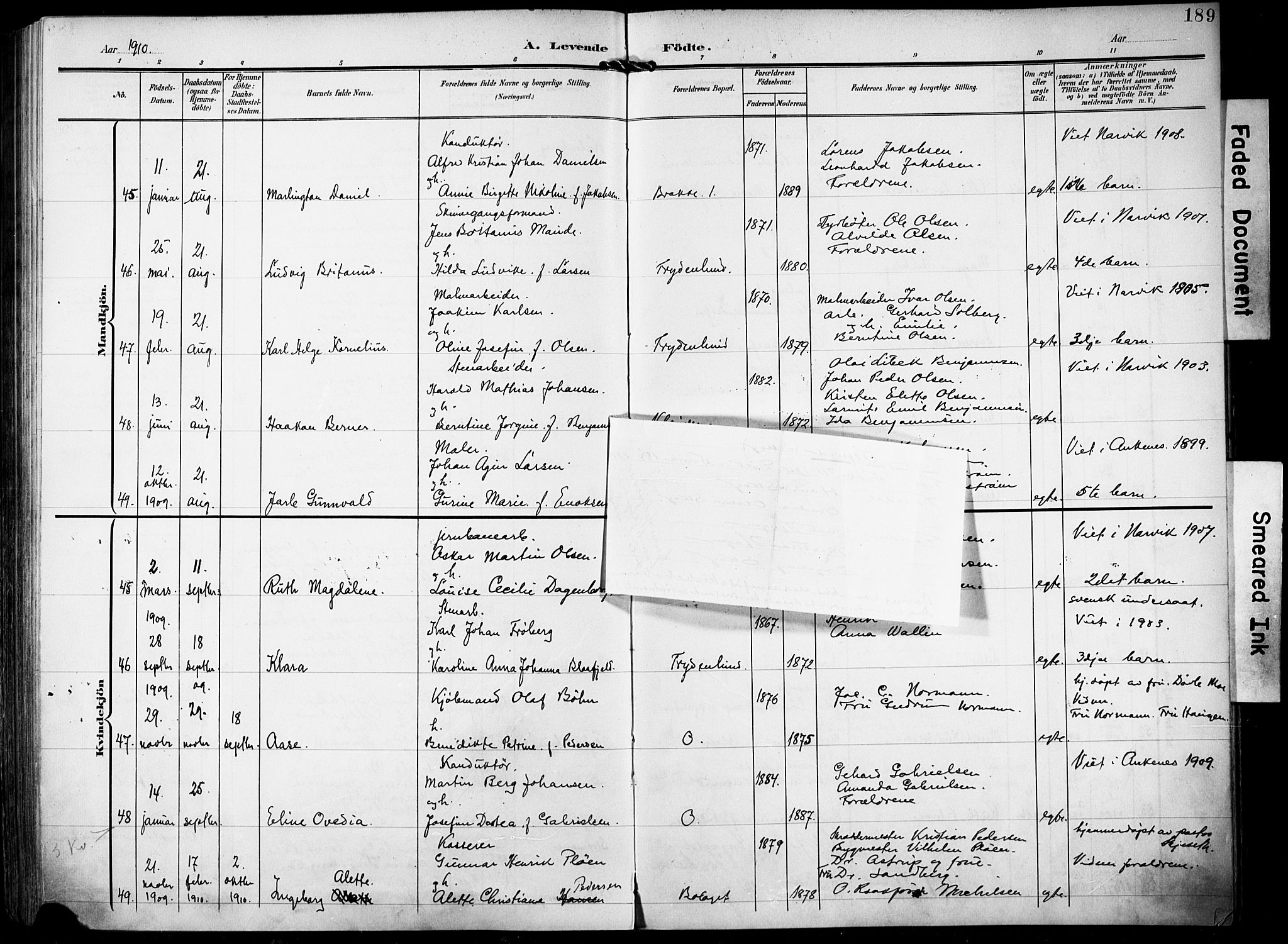 Ministerialprotokoller, klokkerbøker og fødselsregistre - Nordland, AV/SAT-A-1459/871/L0994: Parish register (official) no. 871A10, 1902-1910, p. 189