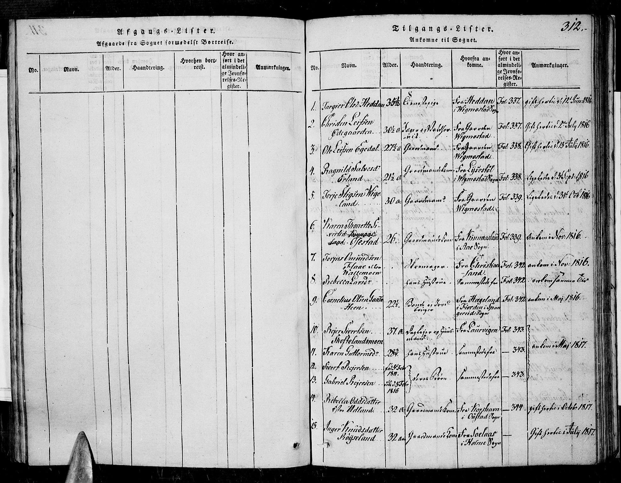 Sør-Audnedal sokneprestkontor, SAK/1111-0039/F/Fa/Fab/L0005: Parish register (official) no. A 5, 1816-1830, p. 312