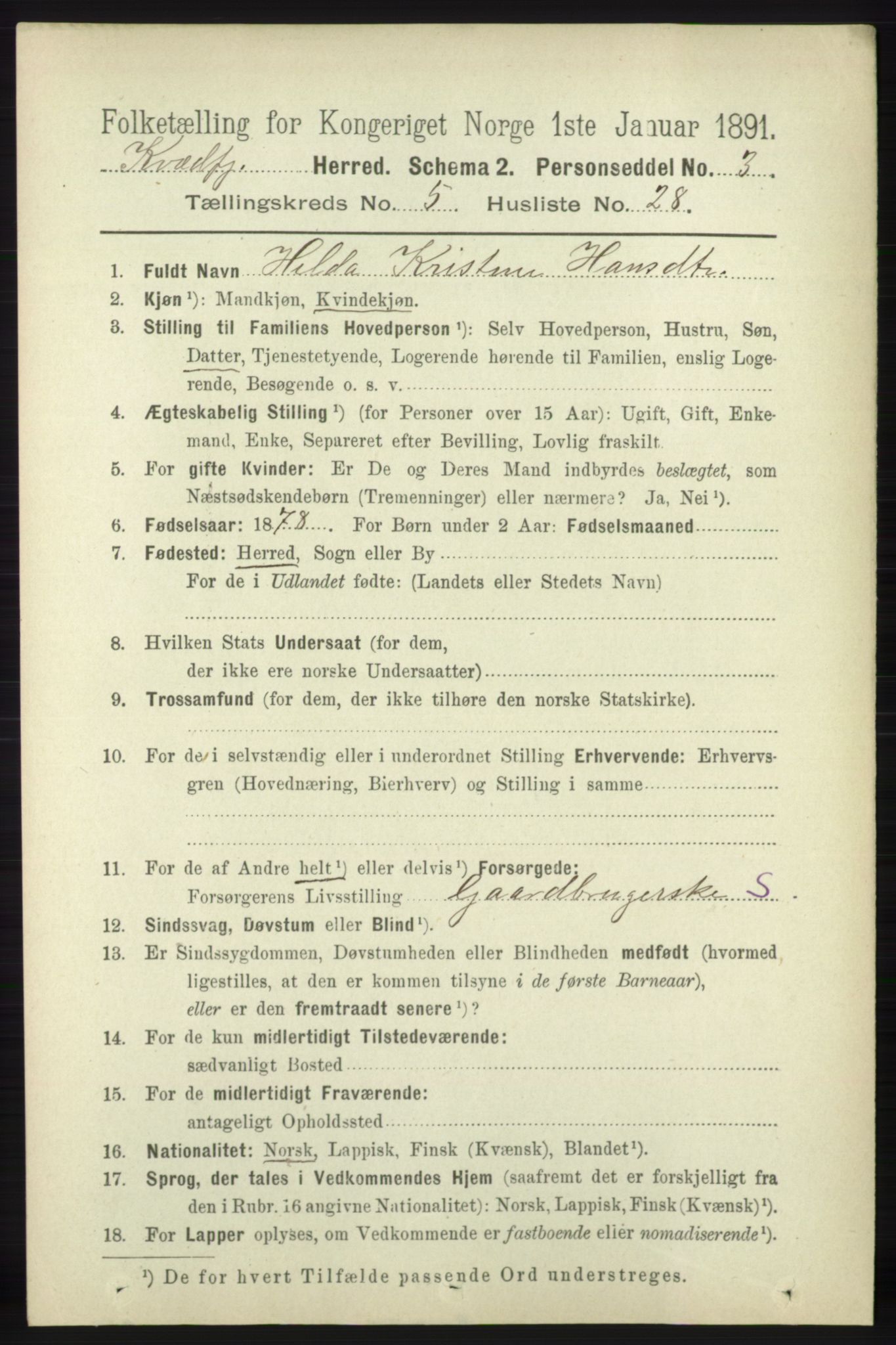 RA, 1891 census for 1911 Kvæfjord, 1891, p. 3034