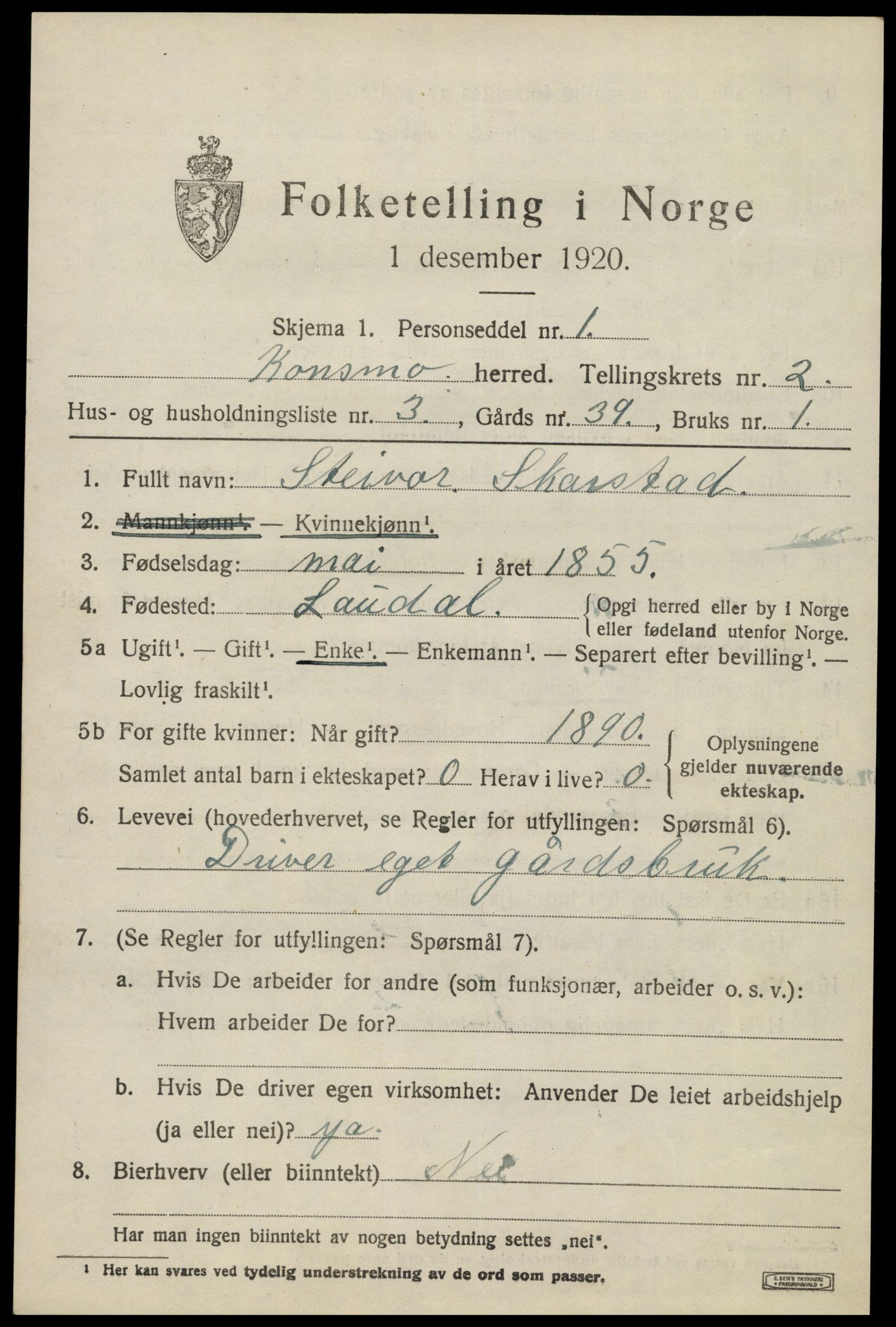 SAK, 1920 census for Konsmo, 1920, p. 992
