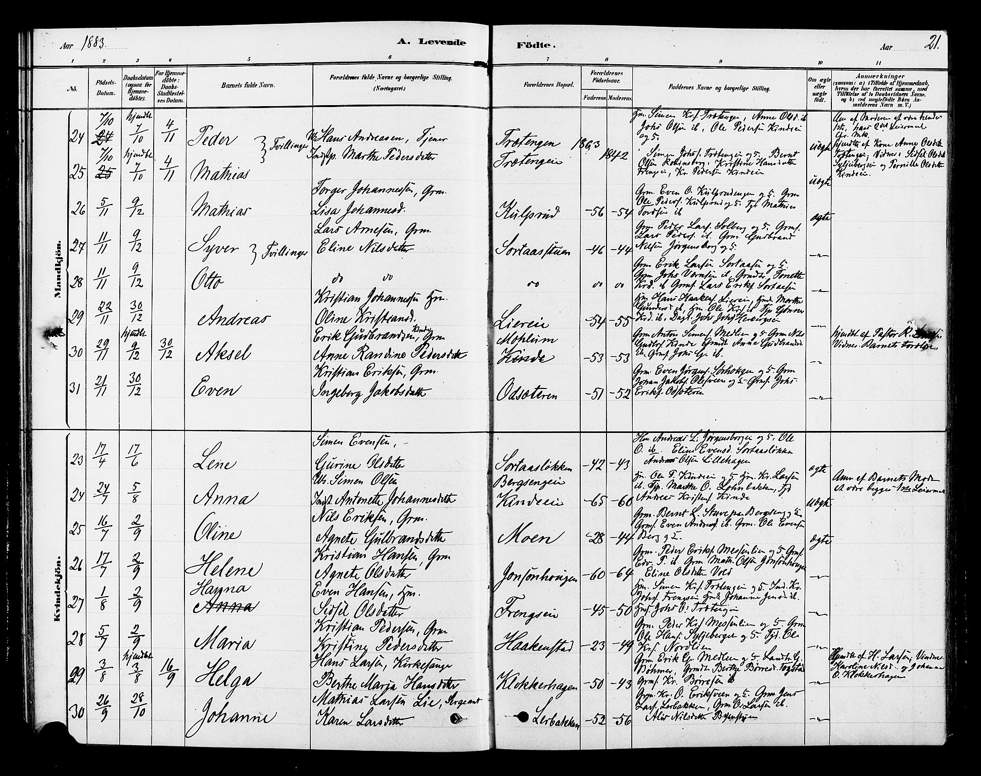 Ringsaker prestekontor, SAH/PREST-014/L/La/L0010: Parish register (copy) no. 10, 1879-1890, p. 21