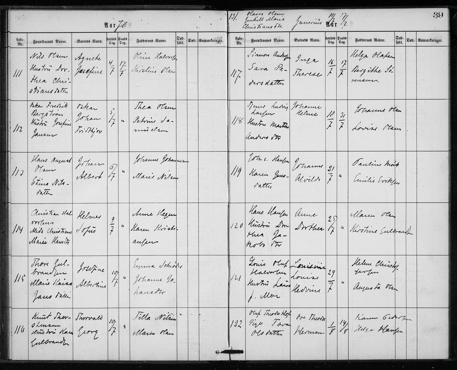 Rikshospitalet prestekontor Kirkebøker, SAO/A-10309b/K/L0002/0003: Baptism register no. 2.3, 1868-1876, p. 39