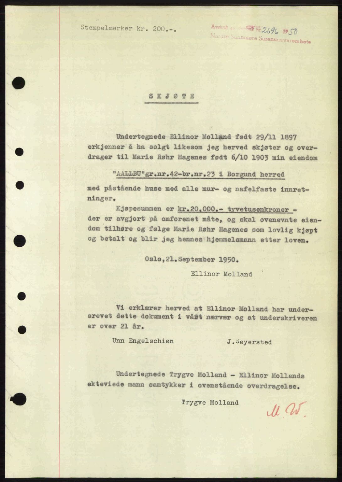 Nordre Sunnmøre sorenskriveri, AV/SAT-A-0006/1/2/2C/2Ca: Mortgage book no. A36, 1950-1950, Diary no: : 2696/1950