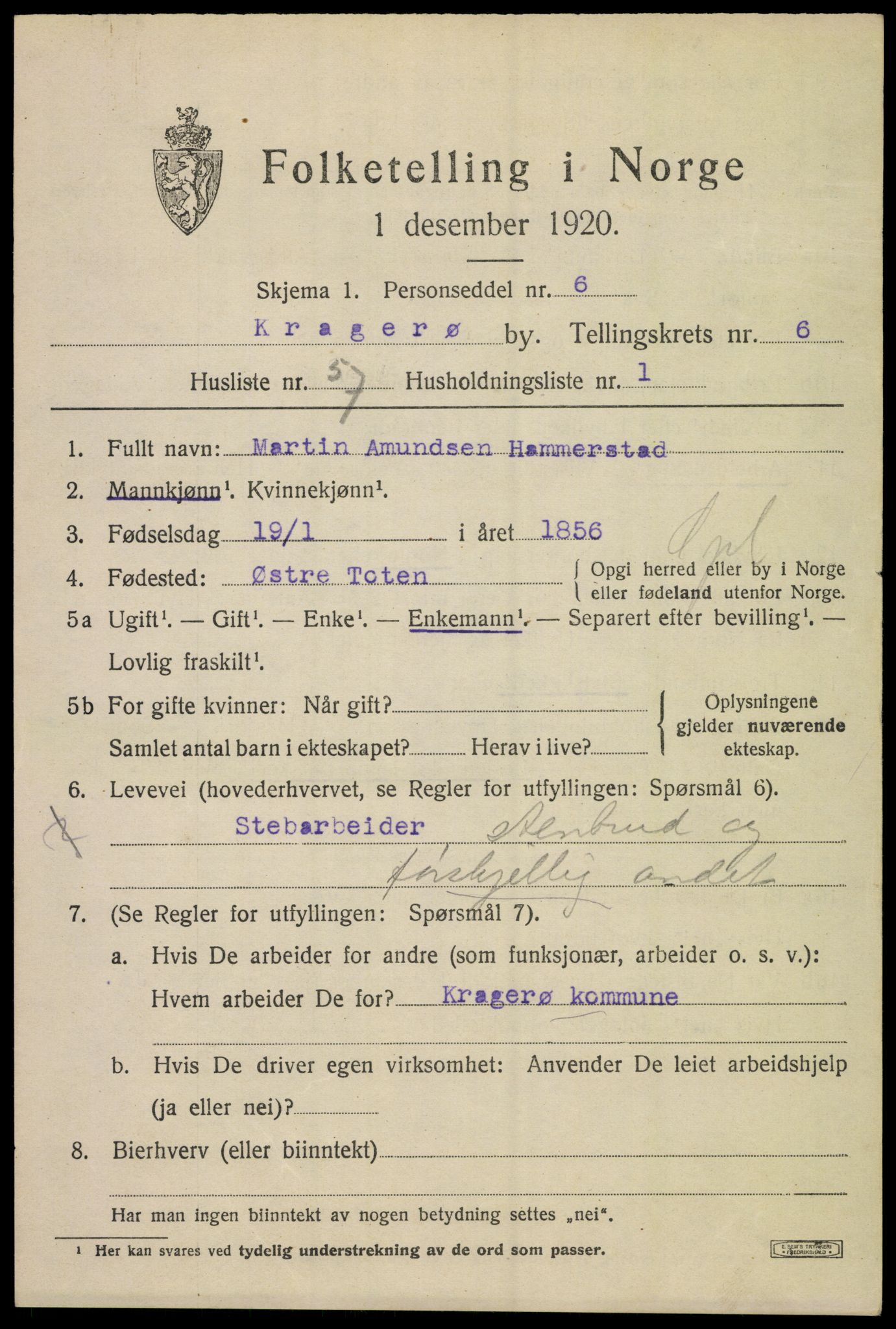 SAKO, 1920 census for Kragerø, 1920, p. 9717