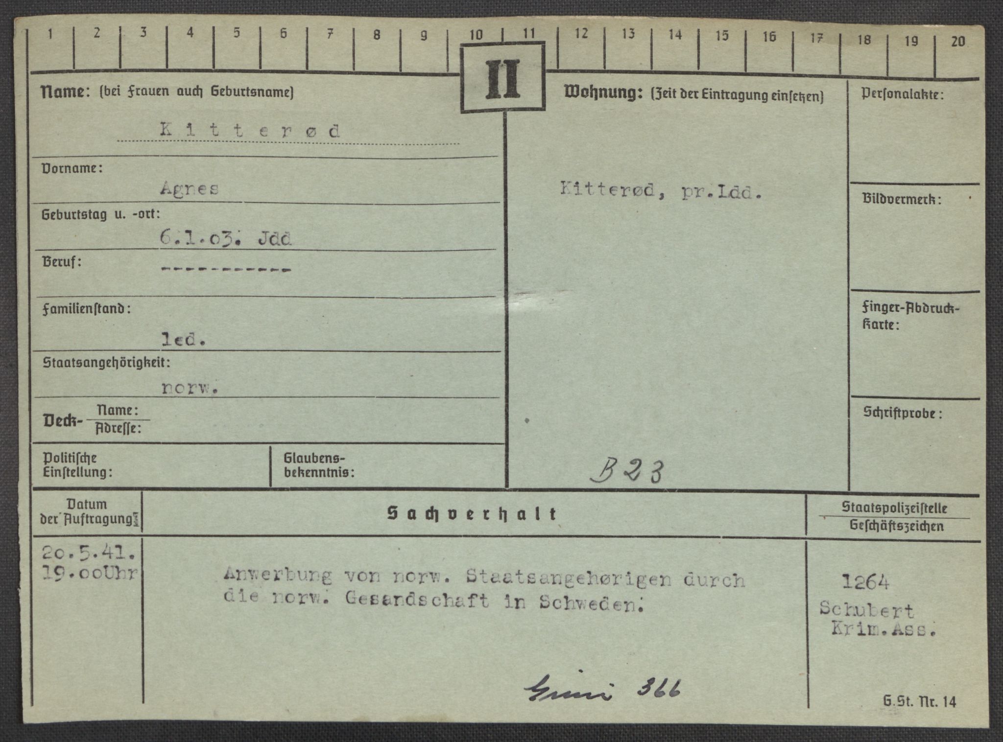 Befehlshaber der Sicherheitspolizei und des SD, AV/RA-RAFA-5969/E/Ea/Eaa/L0005: Register over norske fanger i Møllergata 19: Hø-Kj, 1940-1945, p. 1385