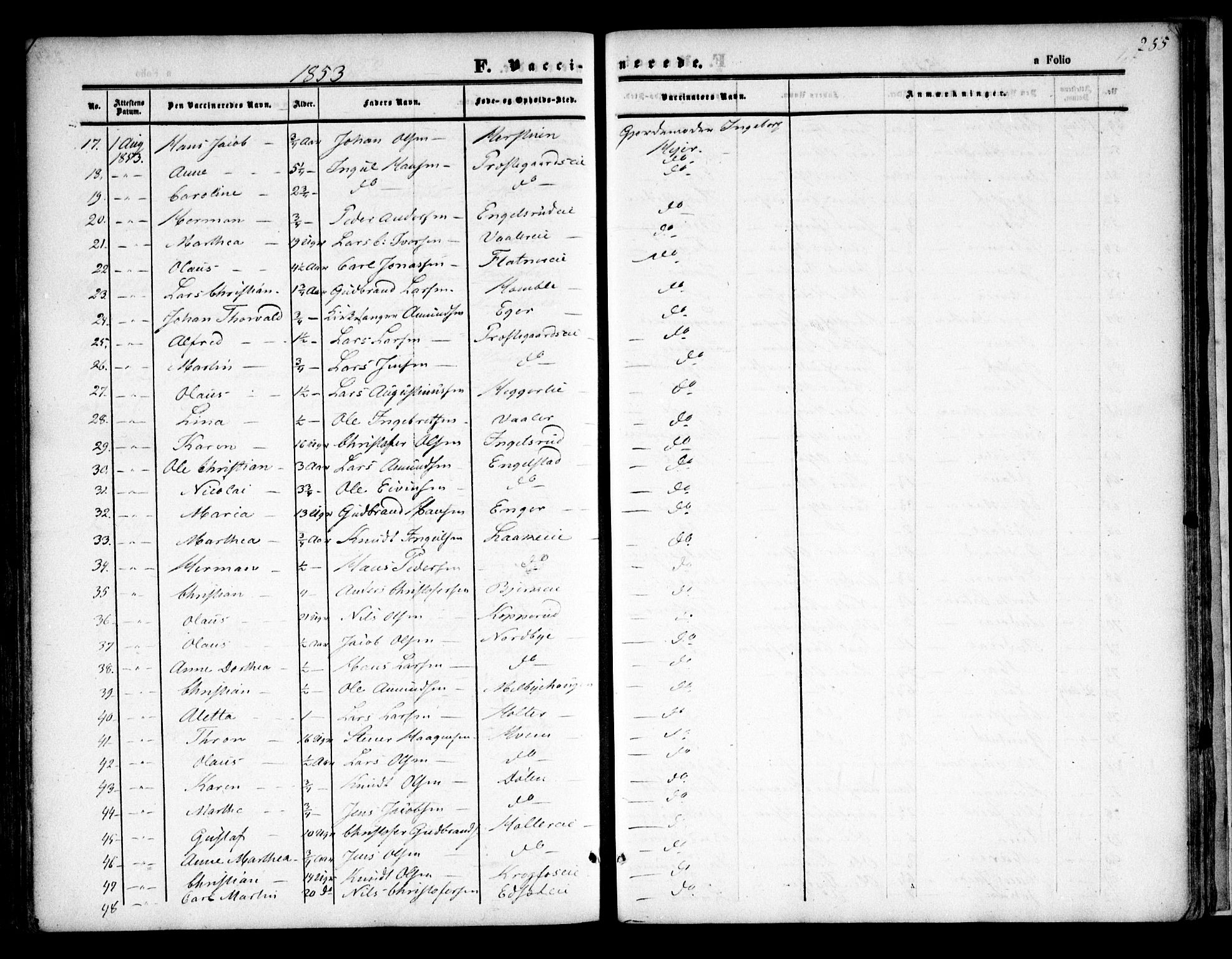 Nannestad prestekontor Kirkebøker, AV/SAO-A-10414a/F/Fa/L0011: Parish register (official) no. I 11, 1850-1859, p. 255