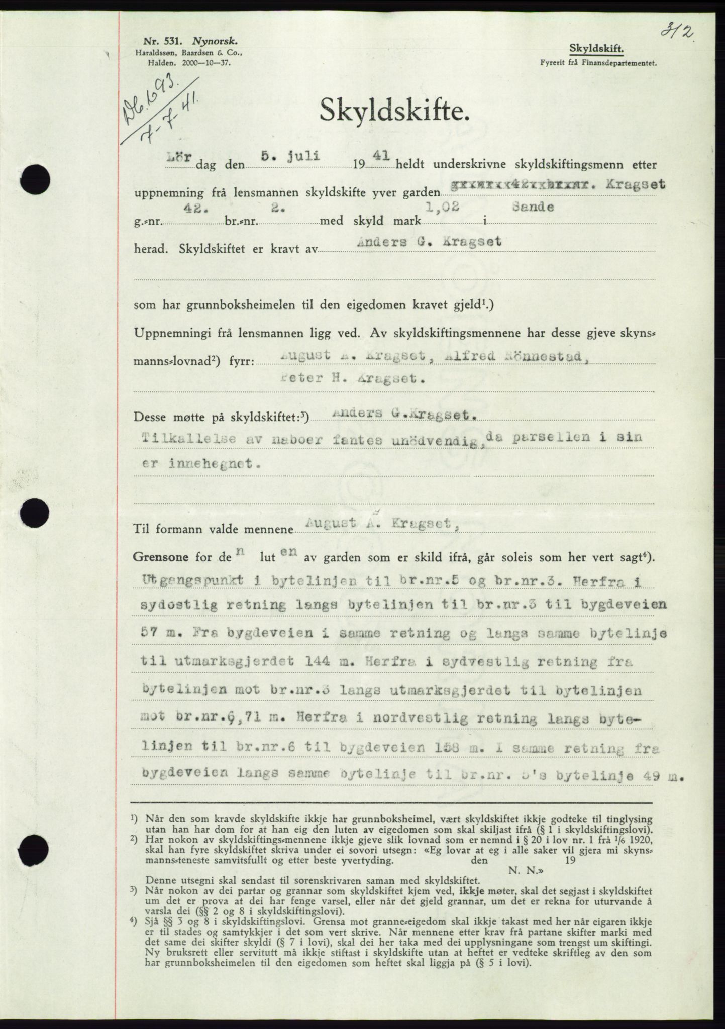 Søre Sunnmøre sorenskriveri, AV/SAT-A-4122/1/2/2C/L0071: Mortgage book no. 65, 1941-1941, Diary no: : 693/1941