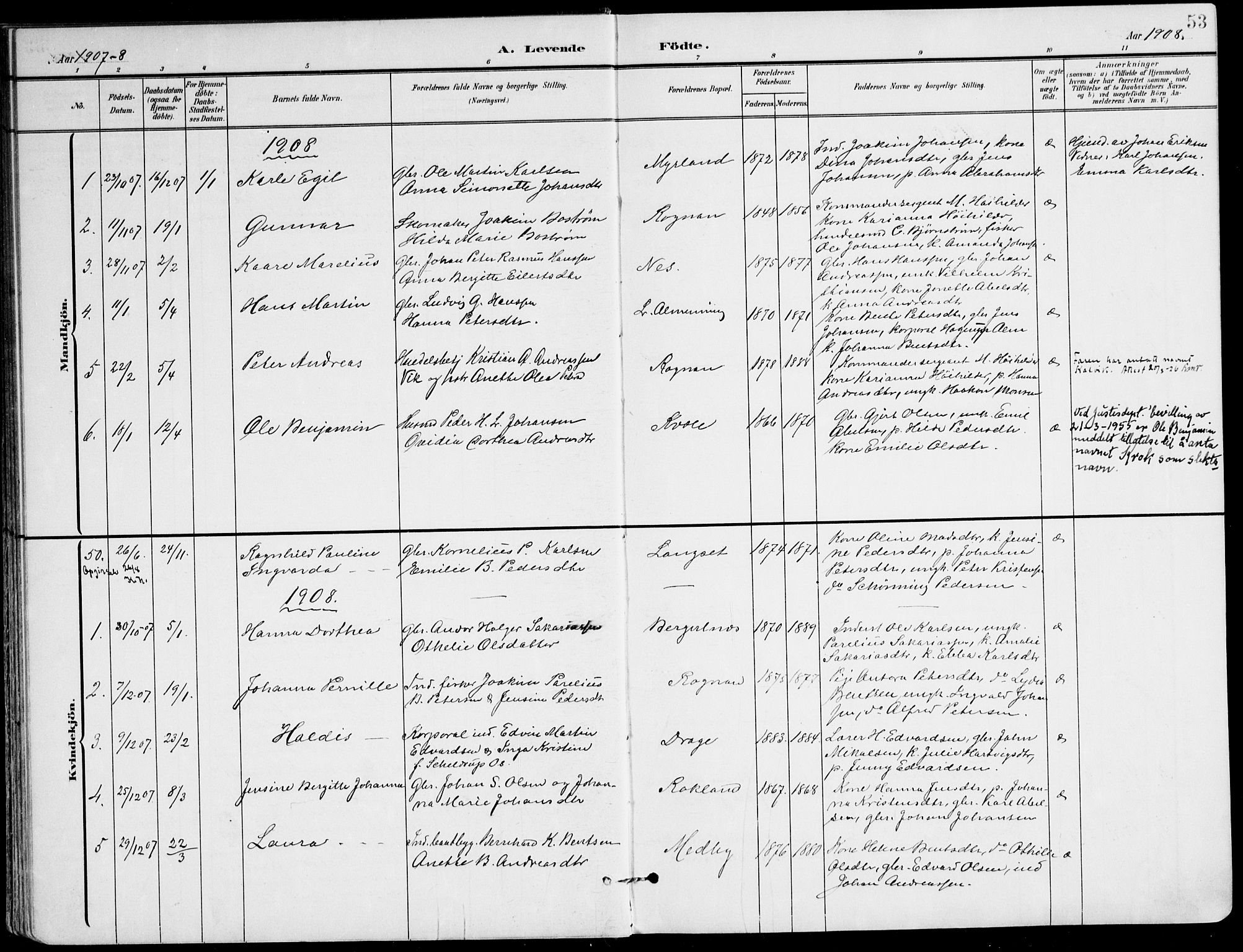 Ministerialprotokoller, klokkerbøker og fødselsregistre - Nordland, SAT/A-1459/847/L0672: Parish register (official) no. 847A12, 1902-1919, p. 53