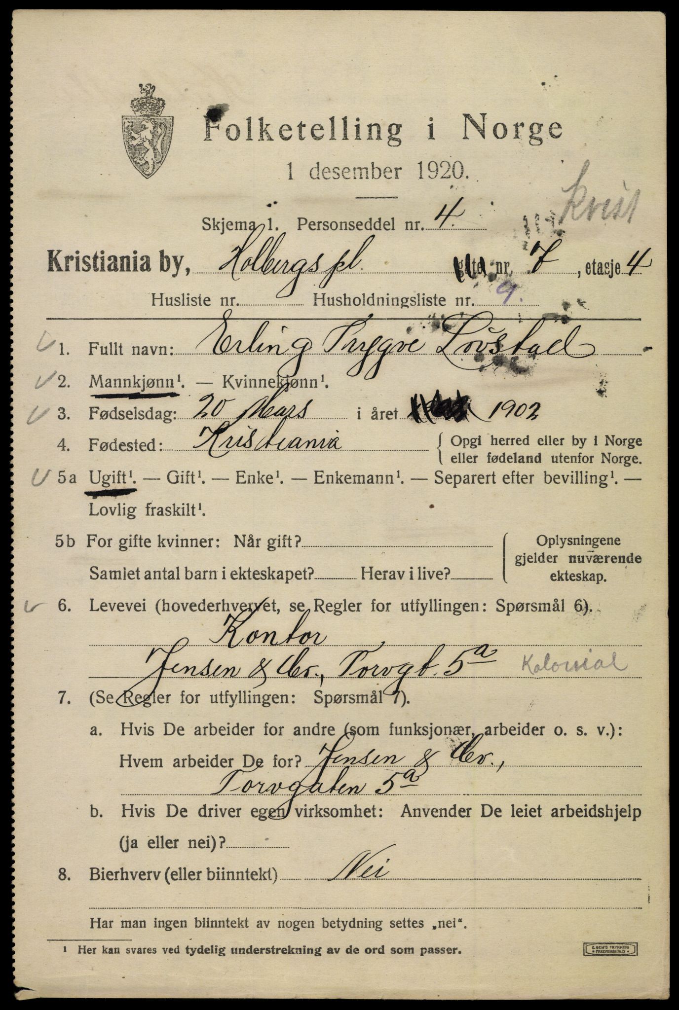 SAO, 1920 census for Kristiania, 1920, p. 296013