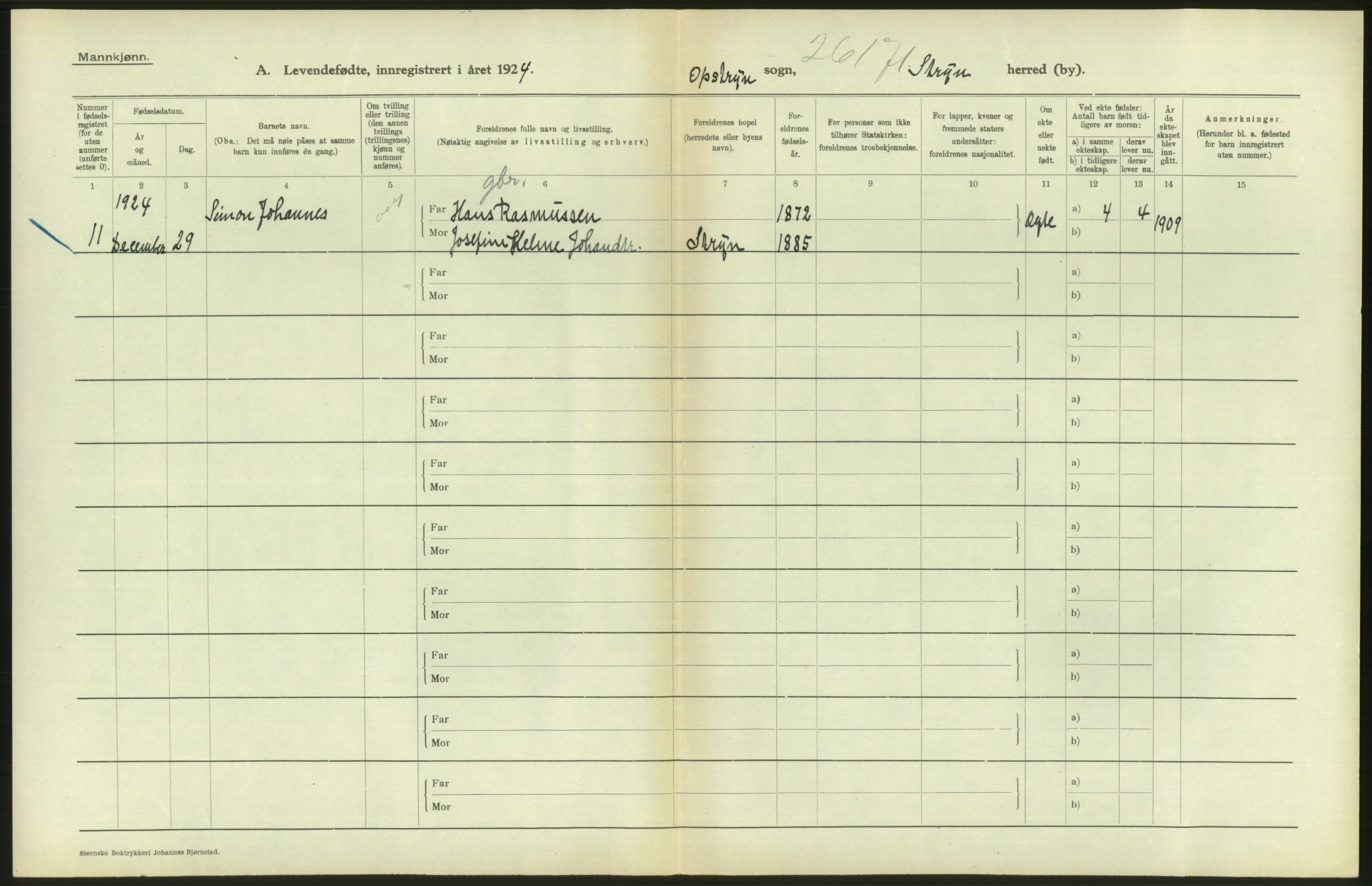 Statistisk sentralbyrå, Sosiodemografiske emner, Befolkning, AV/RA-S-2228/D/Df/Dfc/Dfcd/L0029: Sogn og Fjordane: Levendefødte menn og kvinner. Bygder., 1924, p. 264