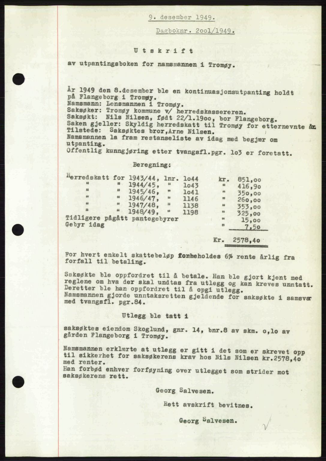 Nedenes sorenskriveri, AV/SAK-1221-0006/G/Gb/Gba/L0061: Mortgage book no. A13, 1949-1949, Diary no: : 2001/1949