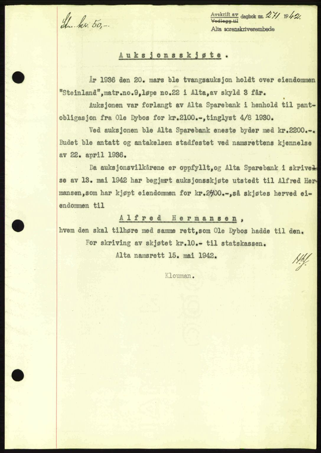 Alta fogderi/sorenskriveri, SATØ/SATØ-5/1/K/Kd/L0033pantebok: Mortgage book no. 33, 1940-1943, Diary no: : 271/1942