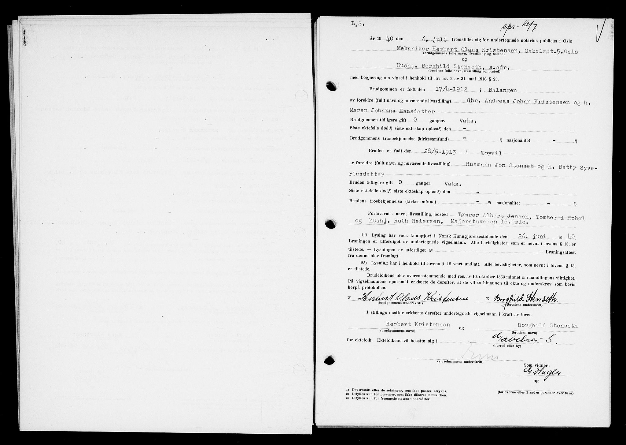 Oslo byfogd avd. I, AV/SAO-A-10220/L/Lb/Lbb/L0035: Notarialprotokoll, rekke II: Vigsler, 1940