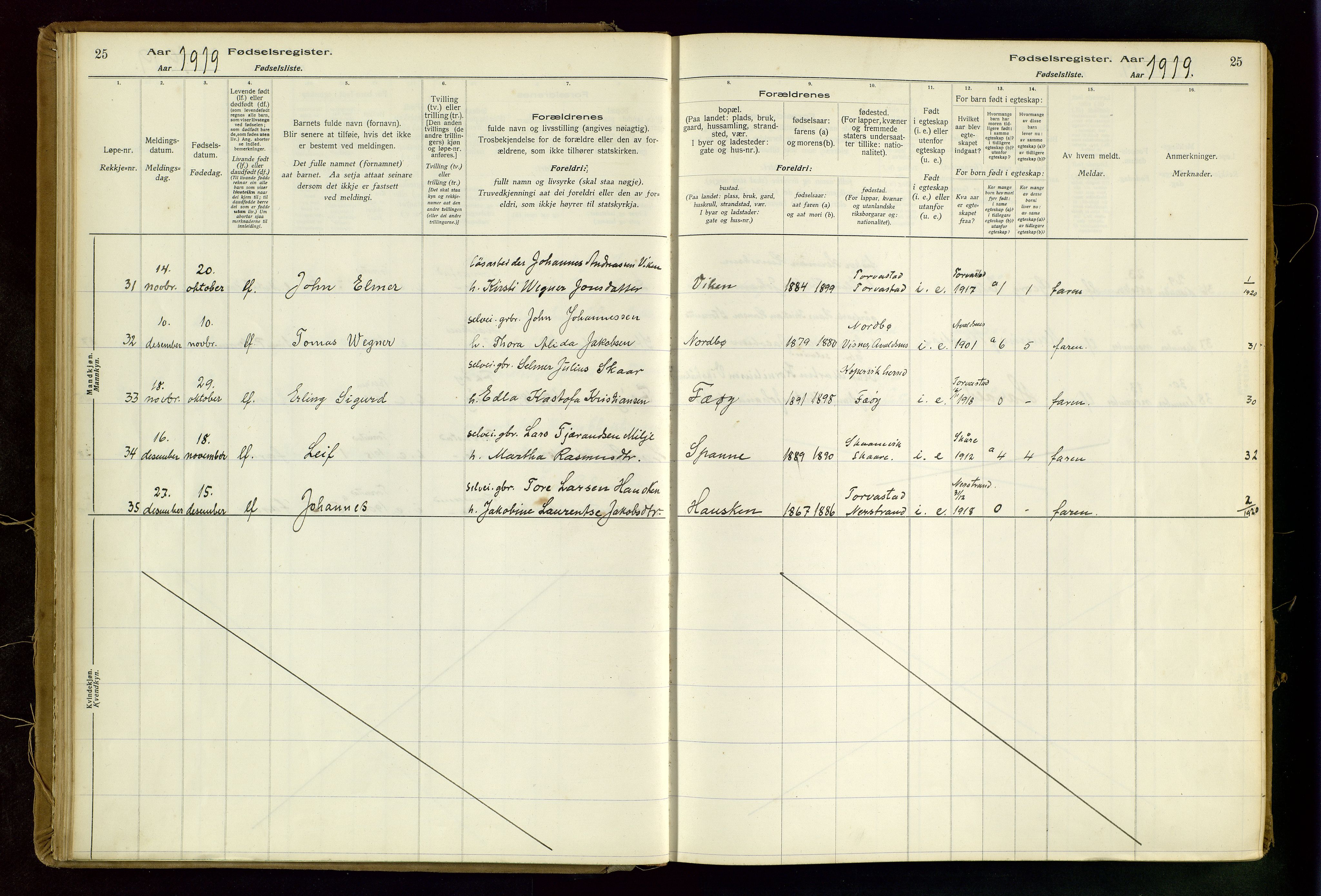 Torvastad sokneprestkontor, AV/SAST-A -101857/I/Id/L0002: Birth register no. 2, 1916-1950, p. 25