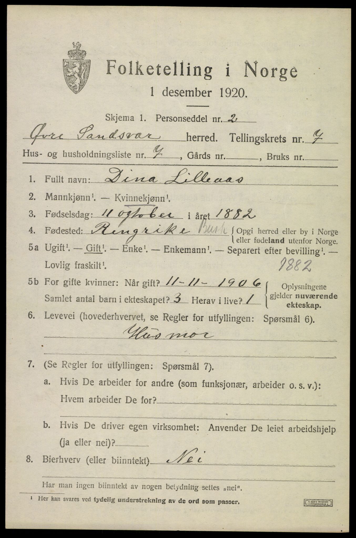 SAKO, 1920 census for Øvre Sandsvær, 1920, p. 3828