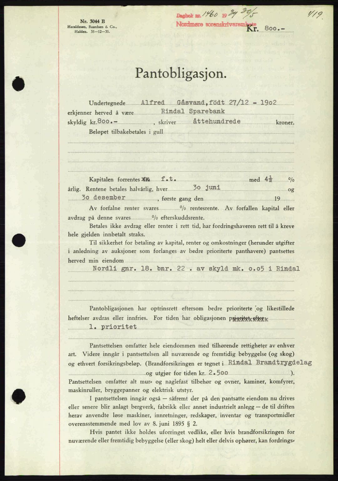 Nordmøre sorenskriveri, AV/SAT-A-4132/1/2/2Ca: Mortgage book no. B85, 1939-1939, Diary no: : 1460/1939