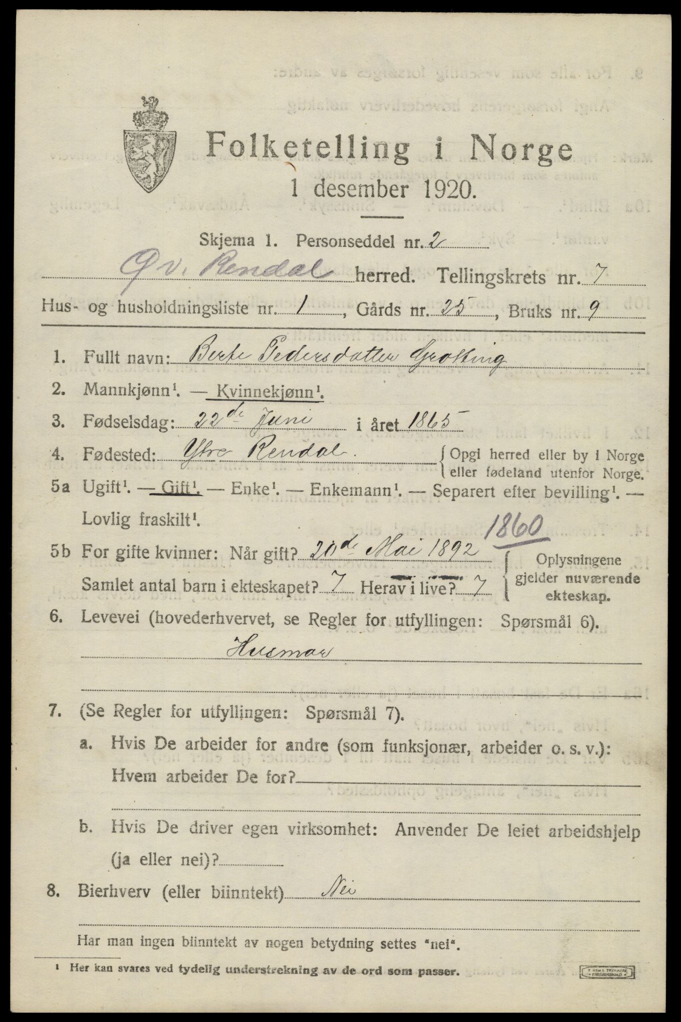 SAH, 1920 census for Øvre Rendal, 1920, p. 2451