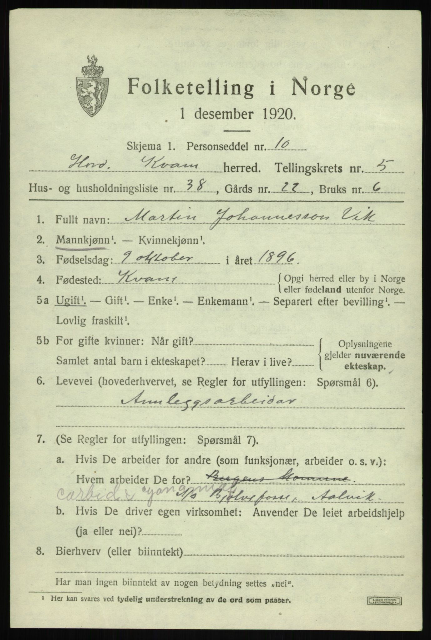 SAB, 1920 census for Kvam, 1920, p. 4211