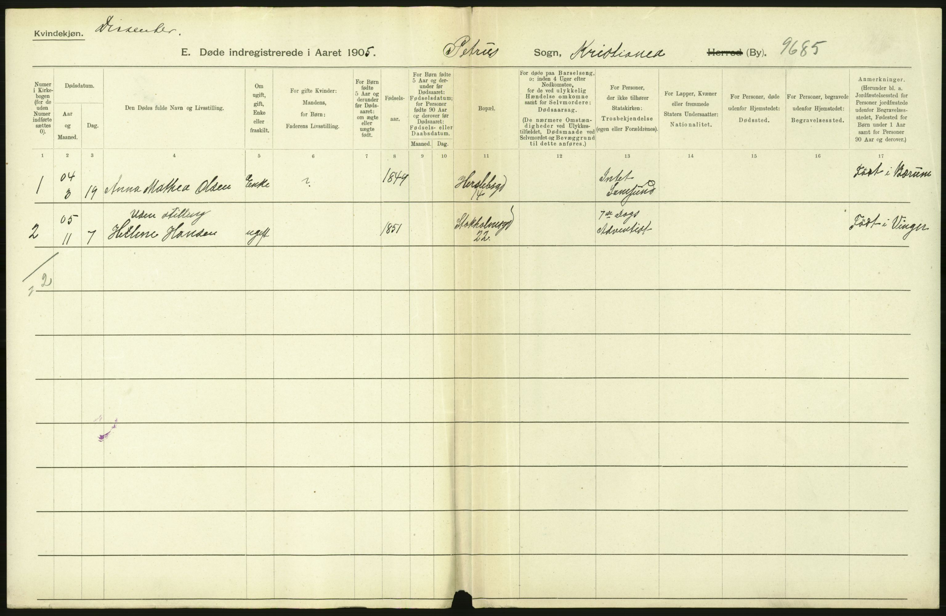 Statistisk sentralbyrå, Sosiodemografiske emner, Befolkning, RA/S-2228/D/Df/Dfa/Dfac/L0007a: Kristiania: Døde, dødfødte., 1905, p. 344