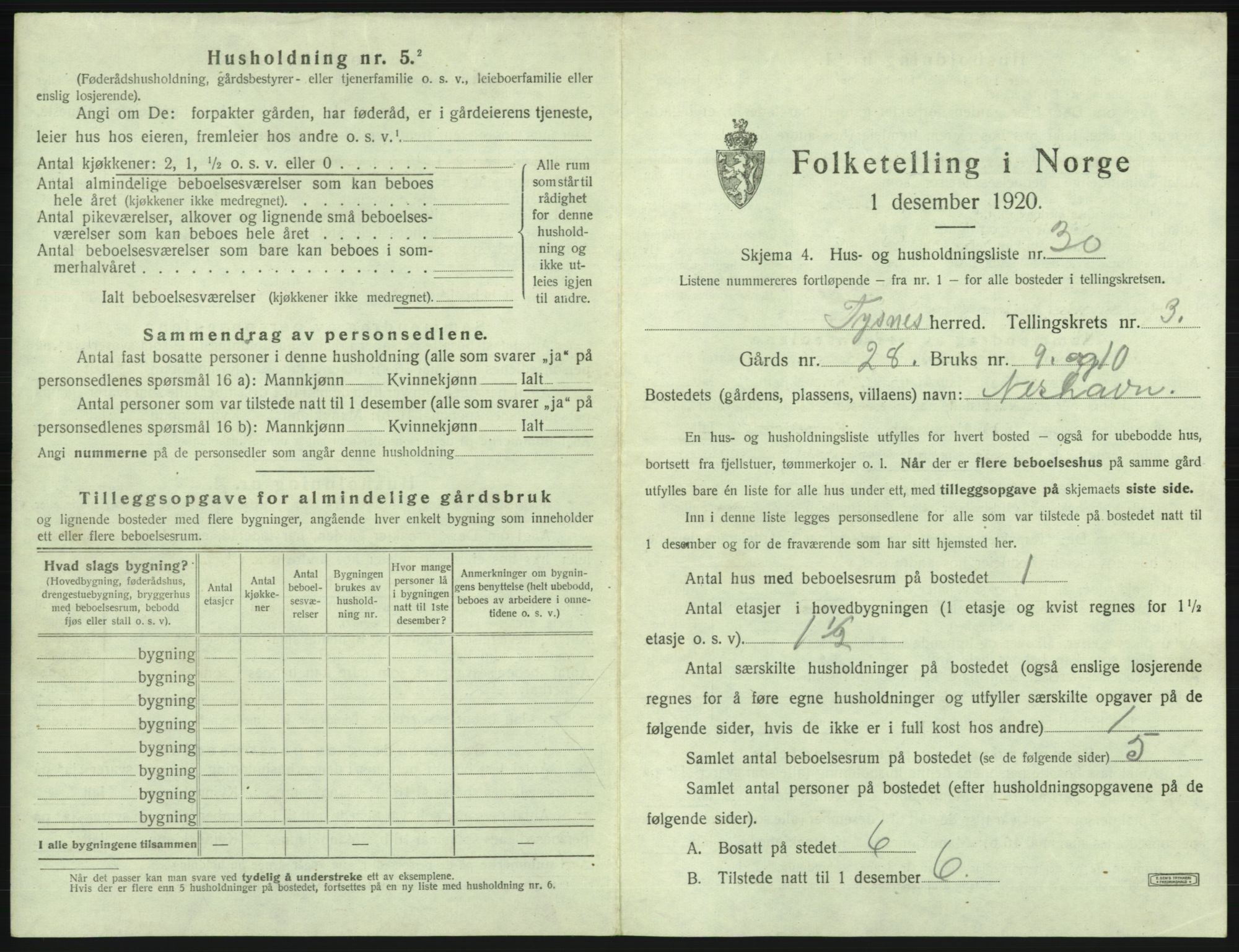 SAB, 1920 census for Tysnes, 1920, p. 318