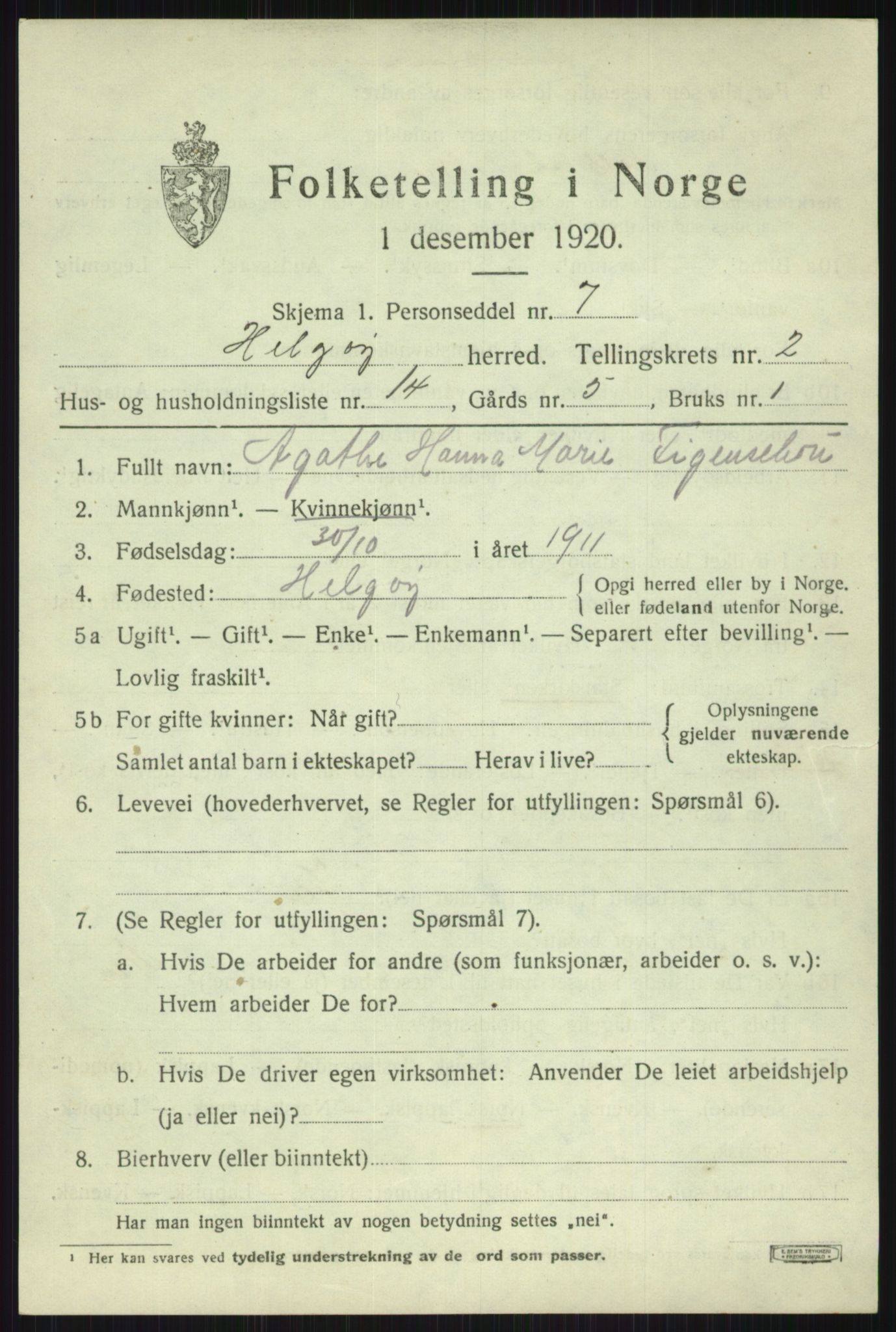 SATØ, 1920 census for Helgøy, 1920, p. 1367