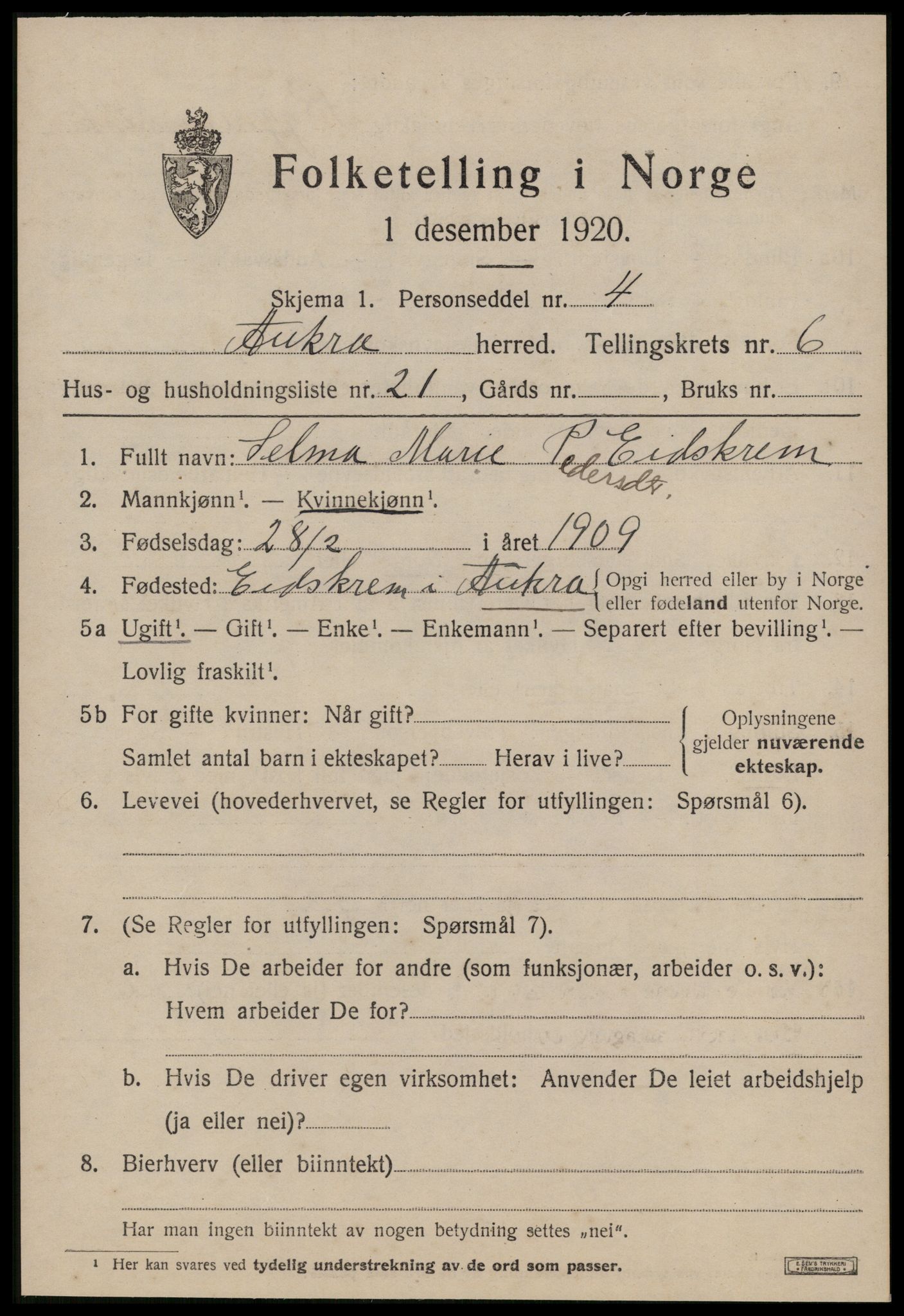 SAT, 1920 census for Aukra, 1920, p. 4229