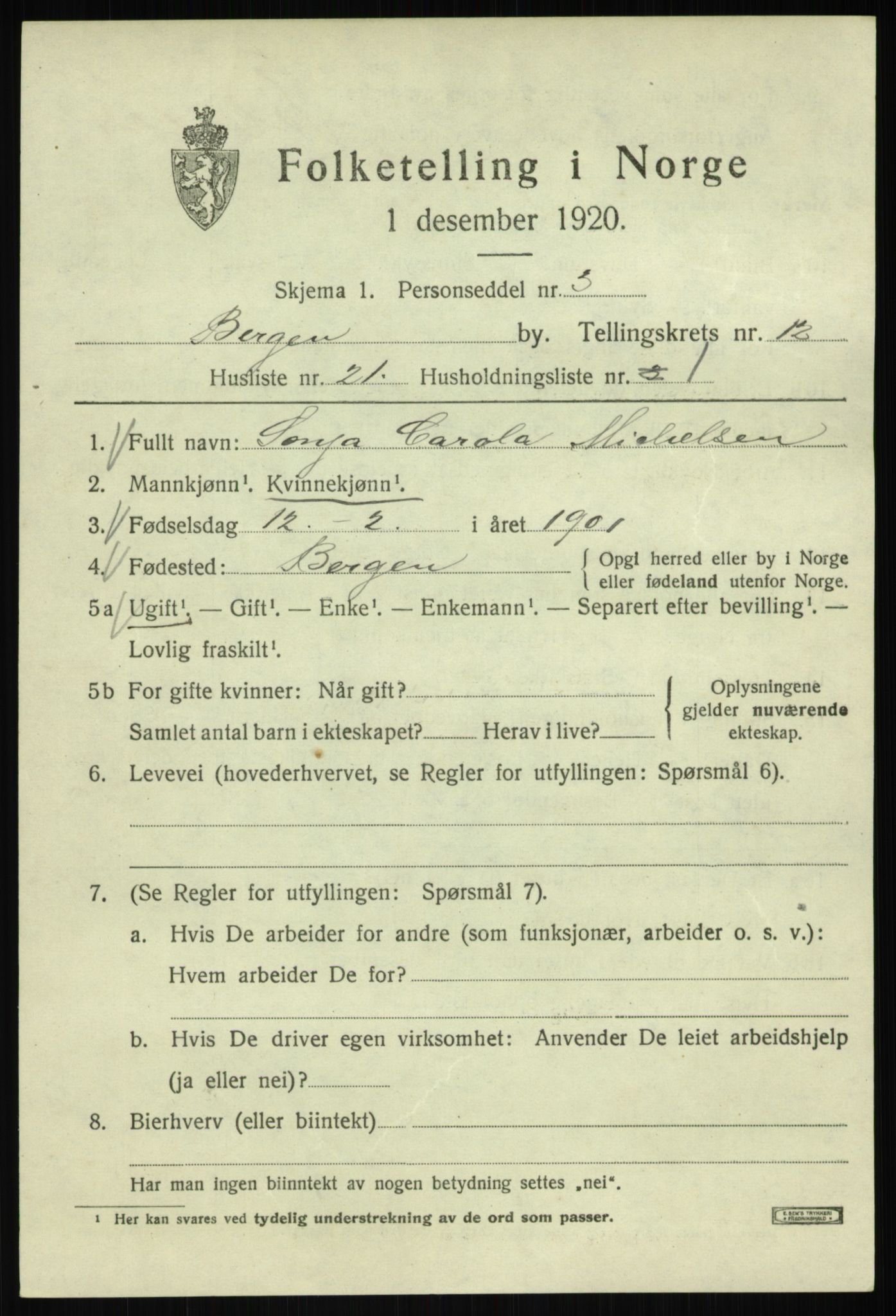 SAB, 1920 census for Bergen, 1920, p. 74286