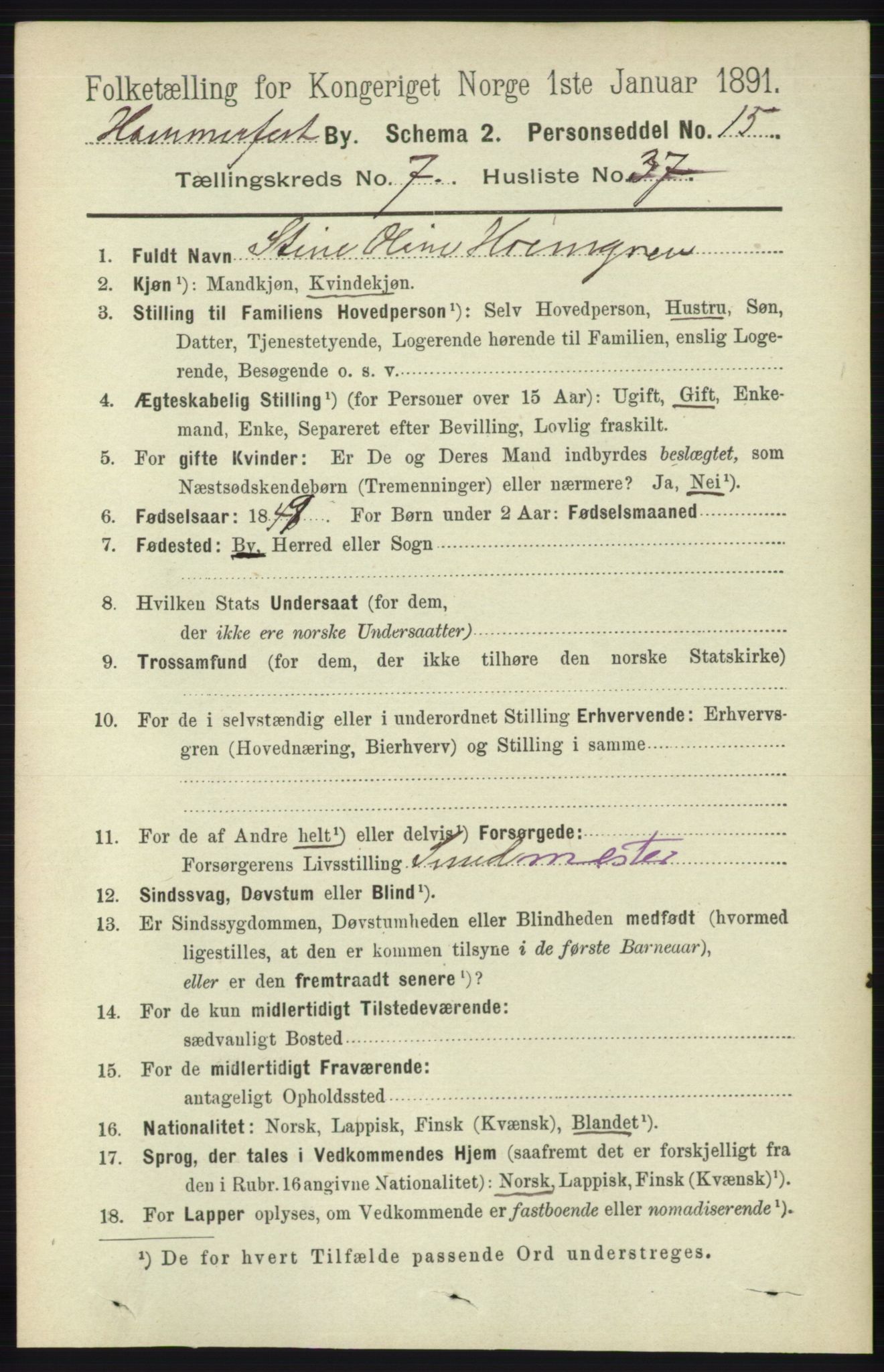 RA, 1891 census for 2001 Hammerfest, 1891, p. 2764