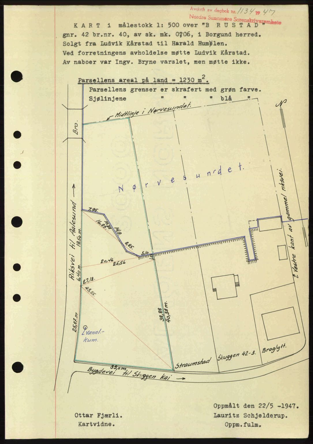 Nordre Sunnmøre sorenskriveri, AV/SAT-A-0006/1/2/2C/2Ca: Mortgage book no. A25, 1947-1947, Diary no: : 1134/1947