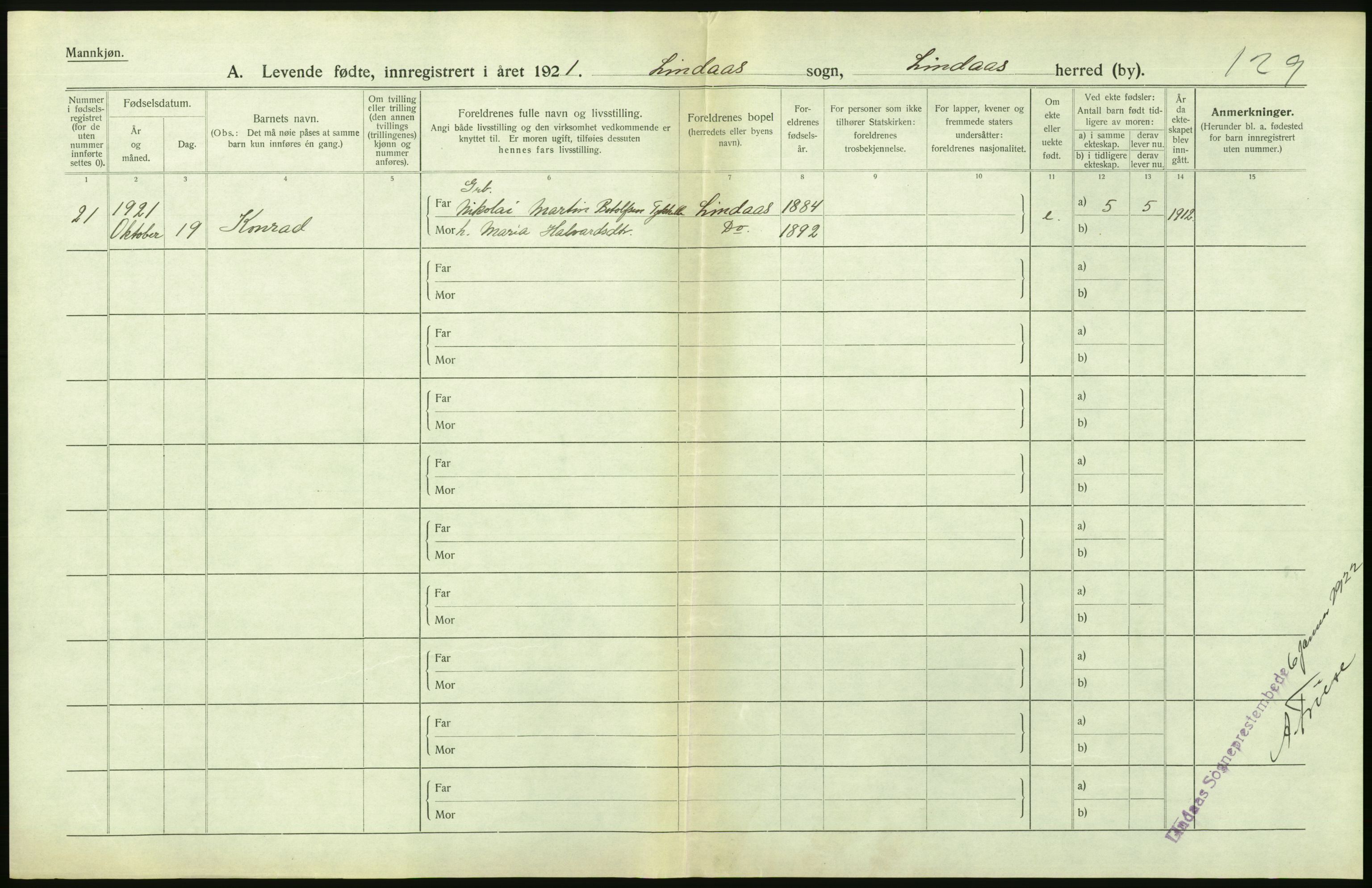 Statistisk sentralbyrå, Sosiodemografiske emner, Befolkning, AV/RA-S-2228/D/Df/Dfc/Dfca/L0031: Hordaland fylke: Levendefødte menn og kvinner. Bygder., 1921, p. 48