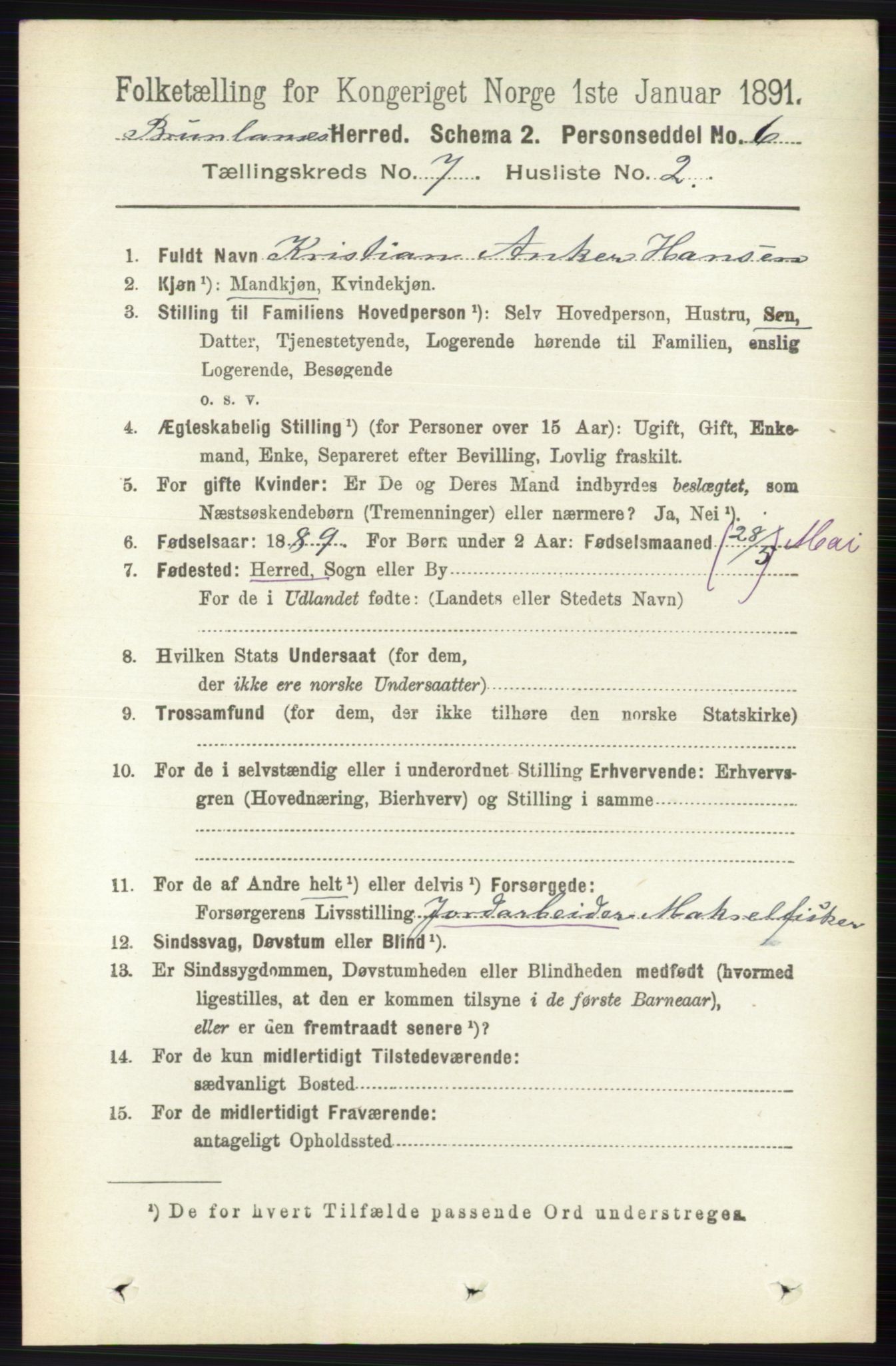 RA, 1891 census for 0726 Brunlanes, 1891, p. 2995