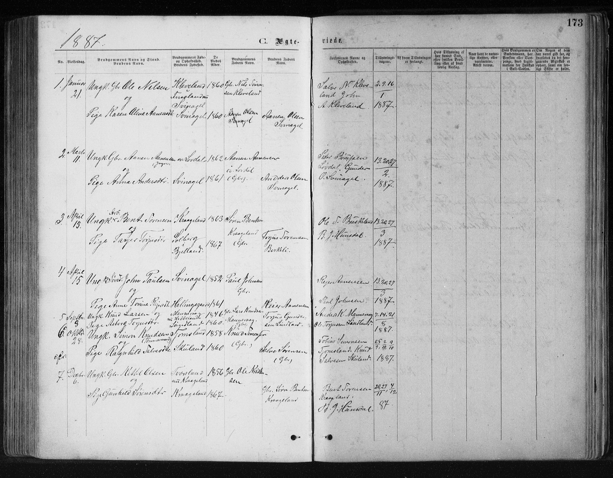 Holum sokneprestkontor, AV/SAK-1111-0022/F/Fb/Fbb/L0003: Parish register (copy) no. B 3, 1875-1898, p. 173