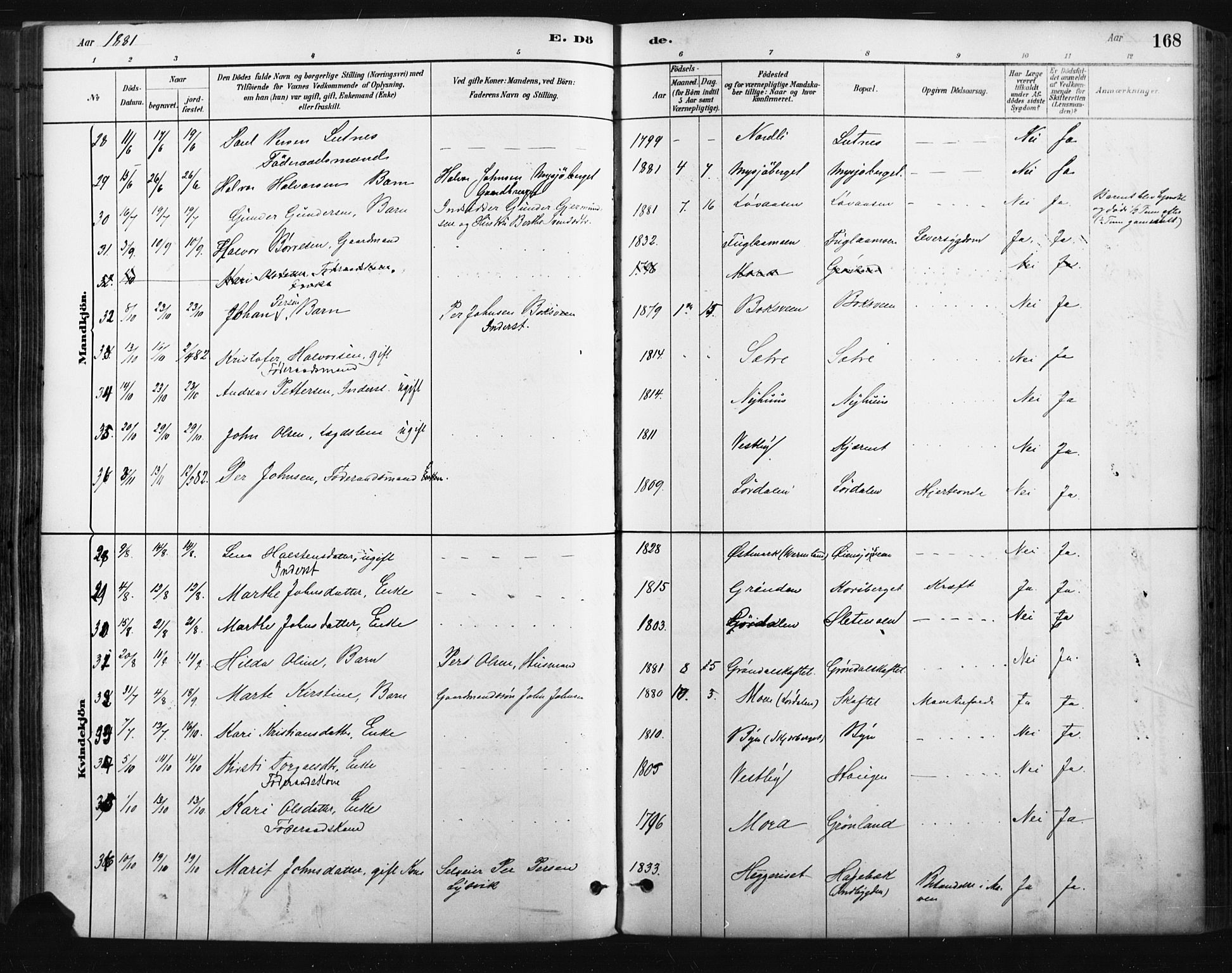 Trysil prestekontor, AV/SAH-PREST-046/H/Ha/Haa/L0009: Parish register (official) no. 9, 1881-1897, p. 168