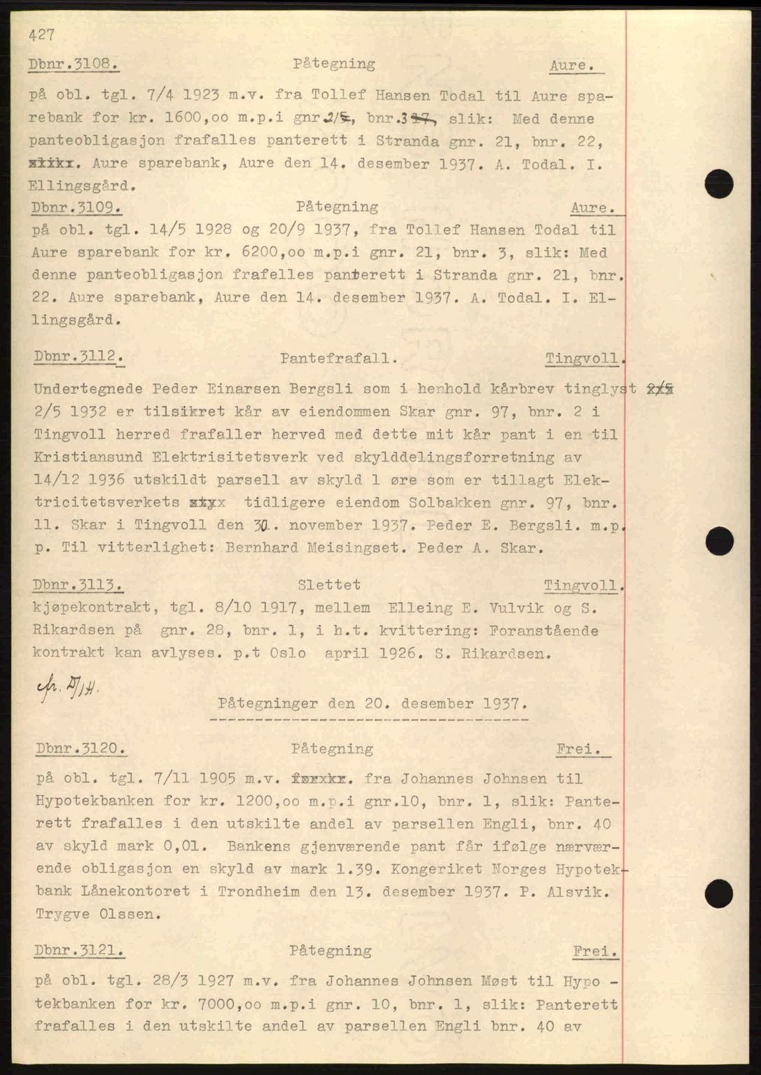 Nordmøre sorenskriveri, AV/SAT-A-4132/1/2/2Ca: Mortgage book no. C80, 1936-1939, Diary no: : 3108/1937