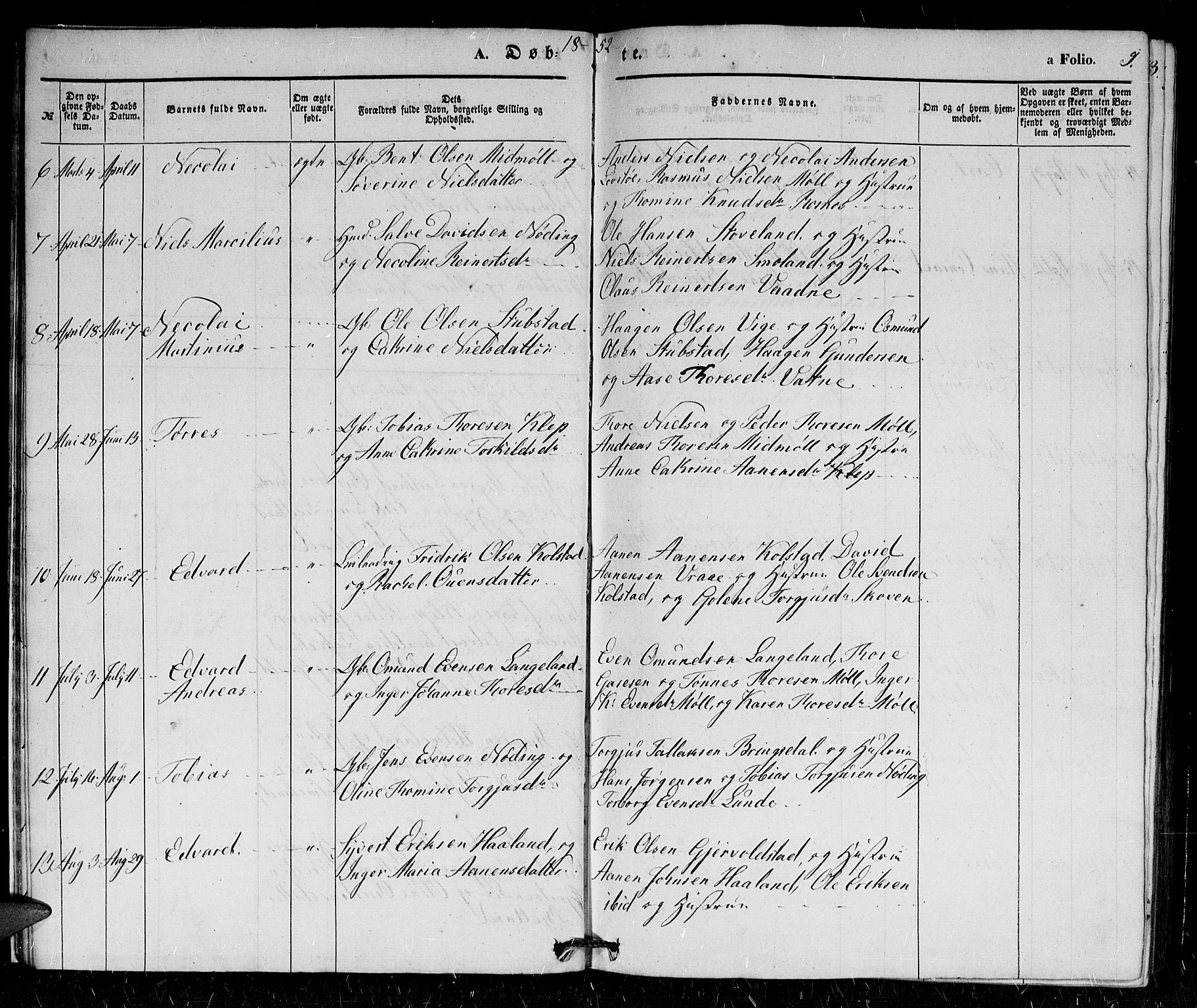 Holum sokneprestkontor, AV/SAK-1111-0022/F/Fb/Fba/L0003: Parish register (copy) no. B 3, 1850-1866, p. 9