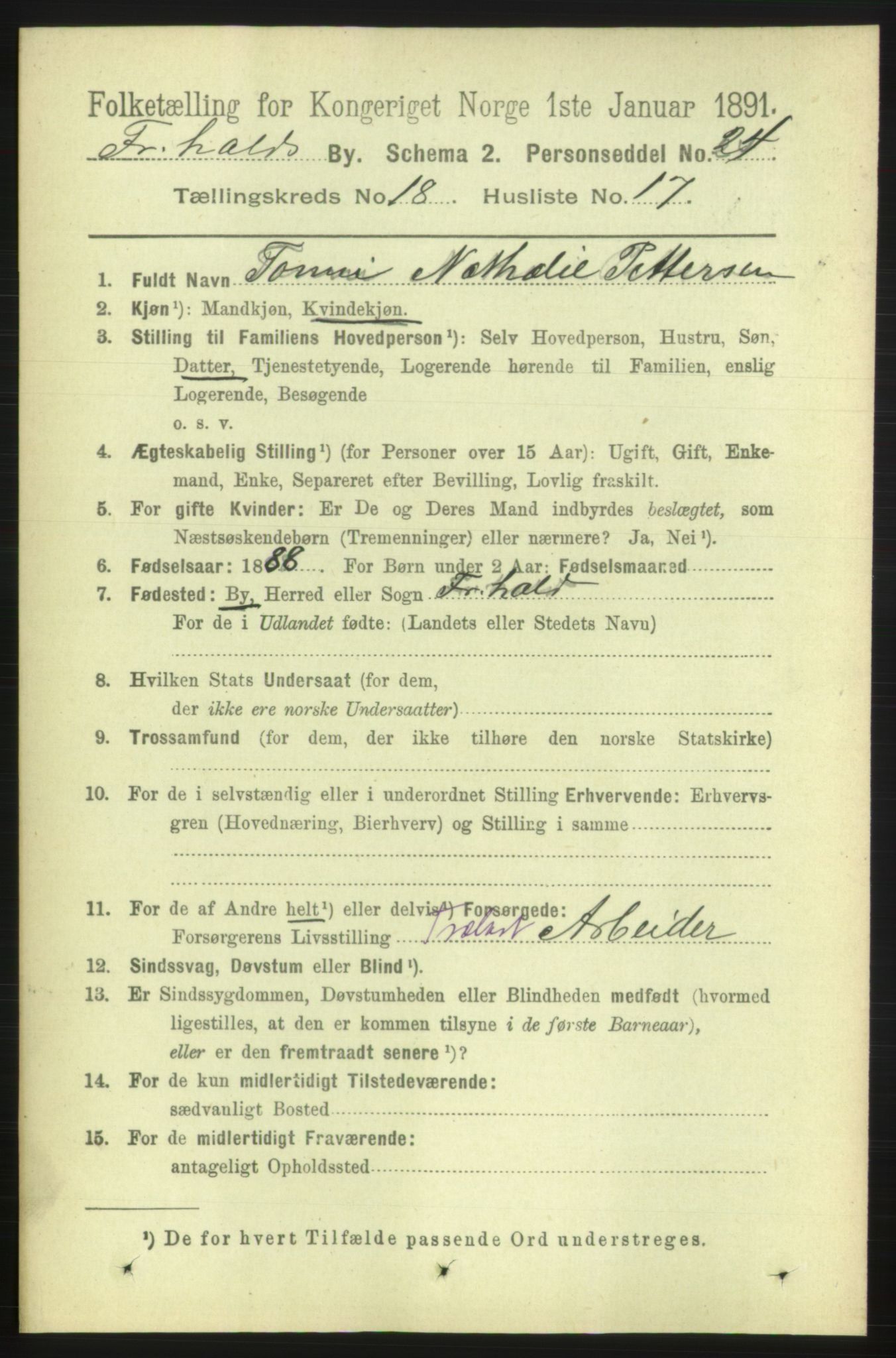 RA, 1891 census for 0101 Fredrikshald, 1891, p. 11587