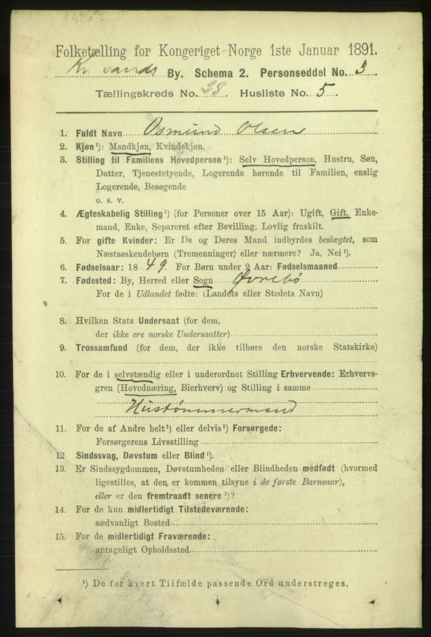 RA, 1891 census for 1001 Kristiansand, 1891, p. 9535