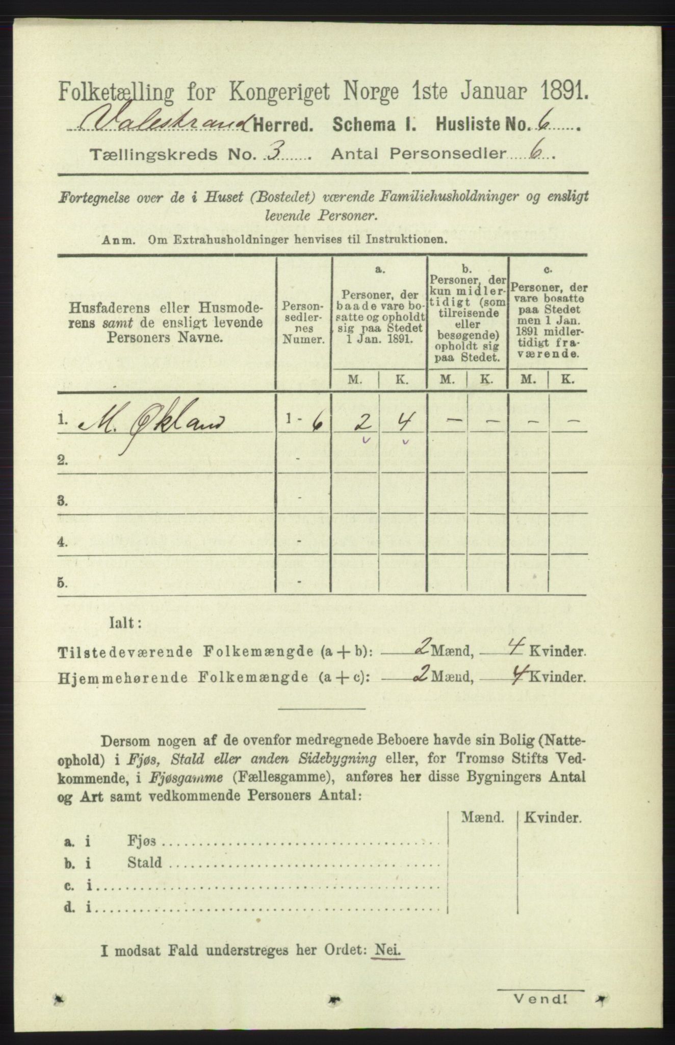 RA, 1891 census for 1217 Valestrand, 1891, p. 495