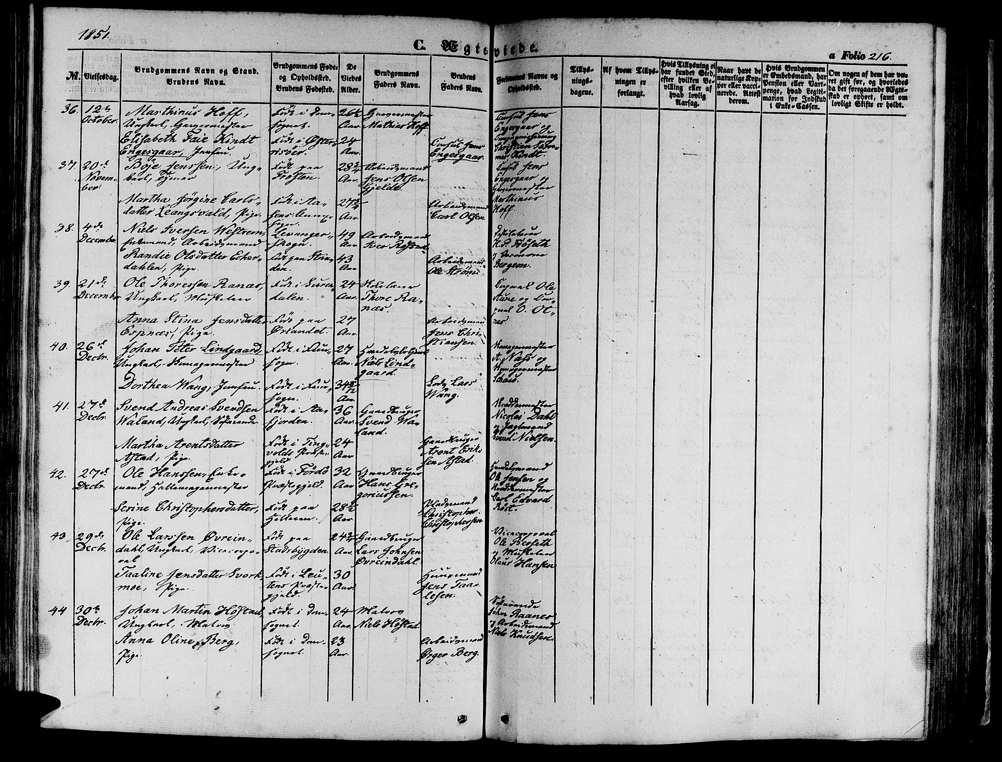 Ministerialprotokoller, klokkerbøker og fødselsregistre - Sør-Trøndelag, SAT/A-1456/602/L0137: Parish register (copy) no. 602C05, 1846-1856, p. 216