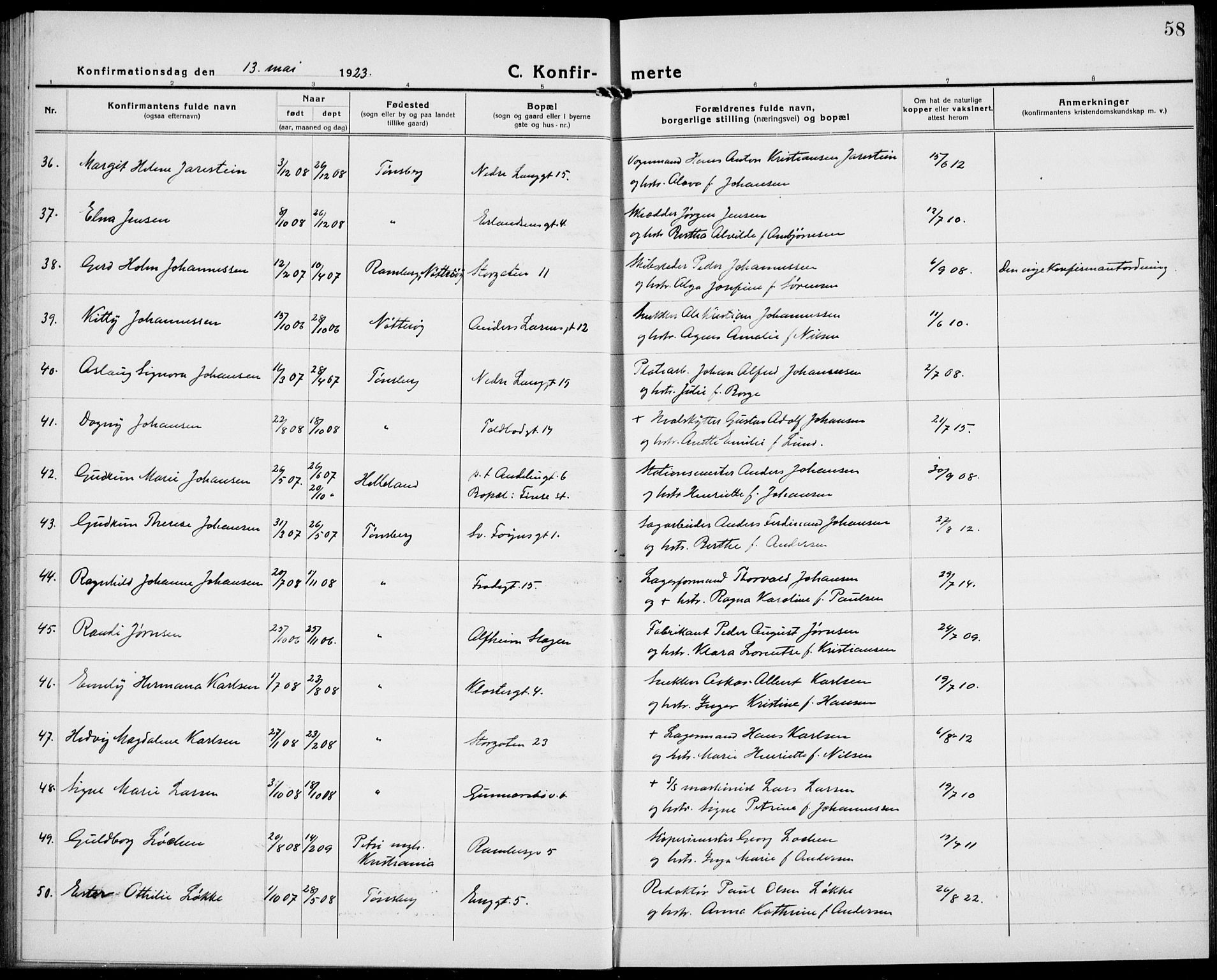 Tønsberg kirkebøker, AV/SAKO-A-330/G/Ga/L0013: Parish register (copy) no. 13, 1920-1929, p. 58